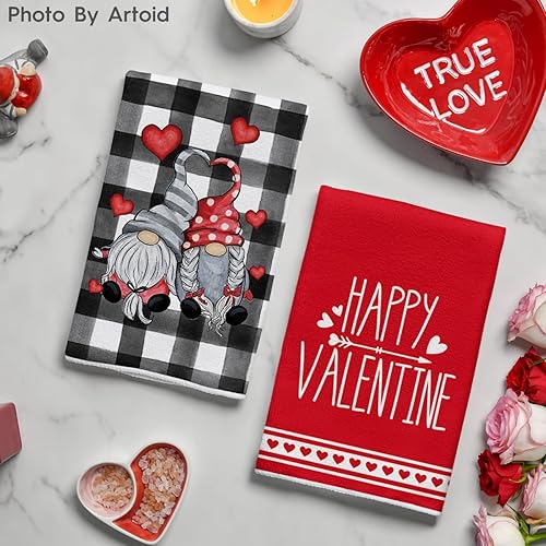 Miniatura 3 de Artoid Mode Juego de 2 toallas de cocina con diseño de gnomos a cuadros de búfalo para el día de San Valentín, 18 x 26 pulgadas, decoración de boda,