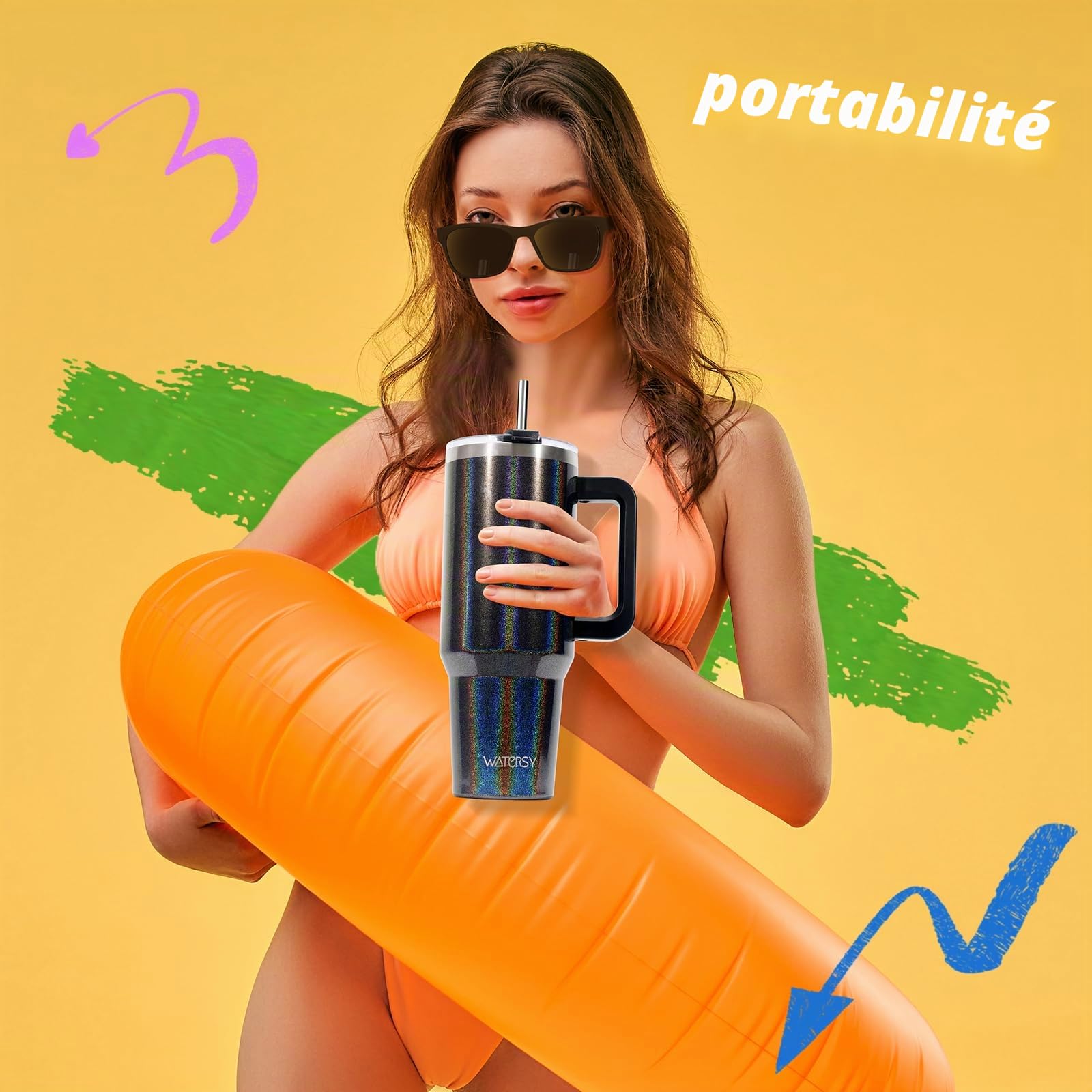 WATERSY Tasse Thermique 40 oz avec poignée et paille, Bouteille Isotherme sous vide 1182 ml, Anti-Fuite, Lavable au Lave-Vaisselle, pour Voyage, Bureau, Salle de Sport (Noire)