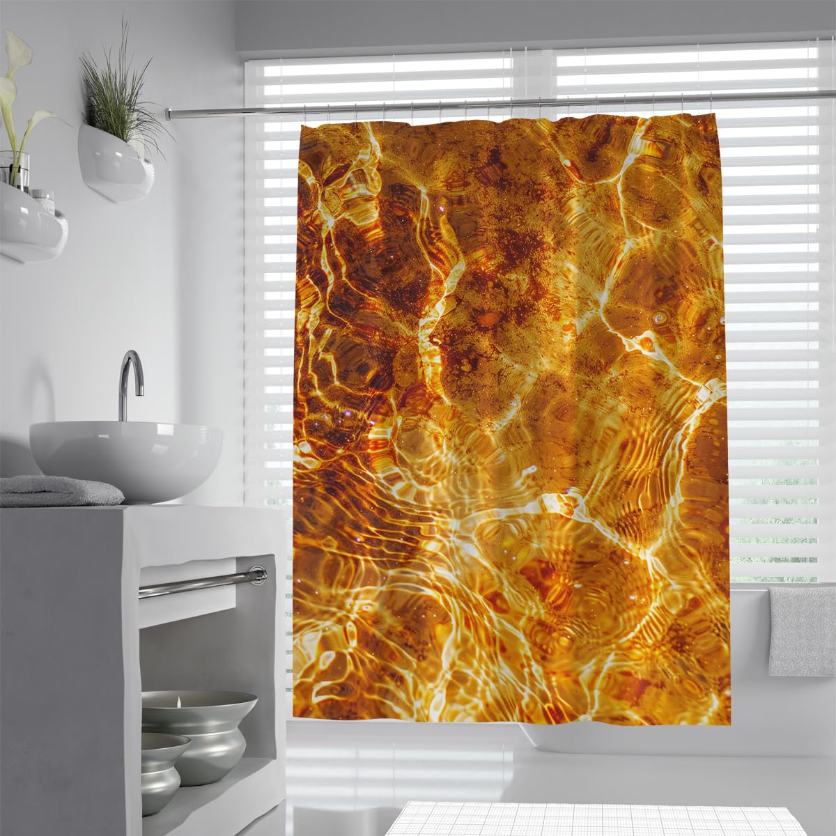 UIRINGART Artistic Bath Curtain W200xL220cm Amber Brown Water Ripple Liquid Texture Pattern Mildew Mould Resistant Polyester Fabric Bathroom Wet Room Tub