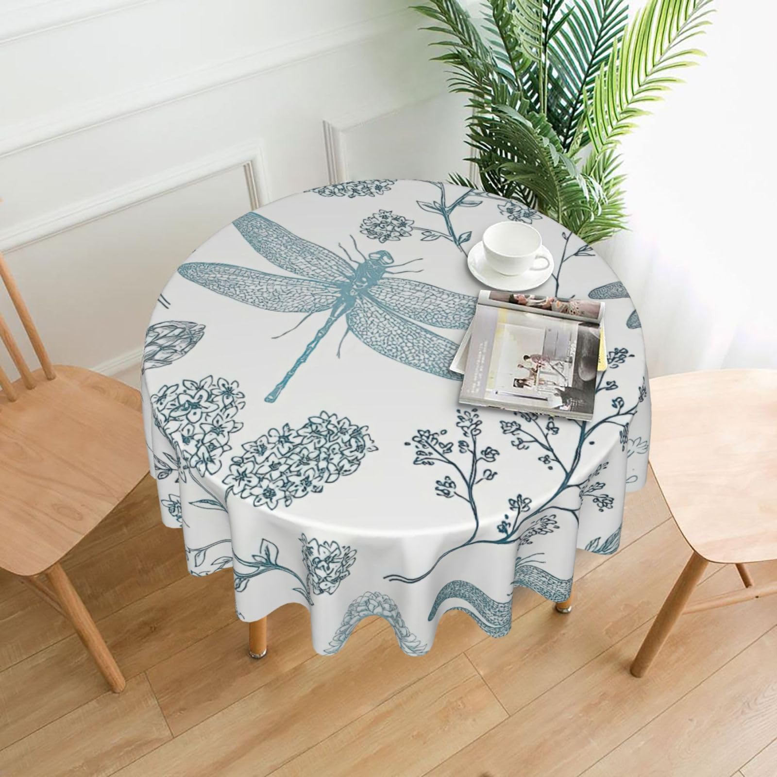 SDEGTHO Dragonfly Flower Print Modern Retro Round Tablecloth 60in Polyester Fabric Cover for Party Dining Table Washable