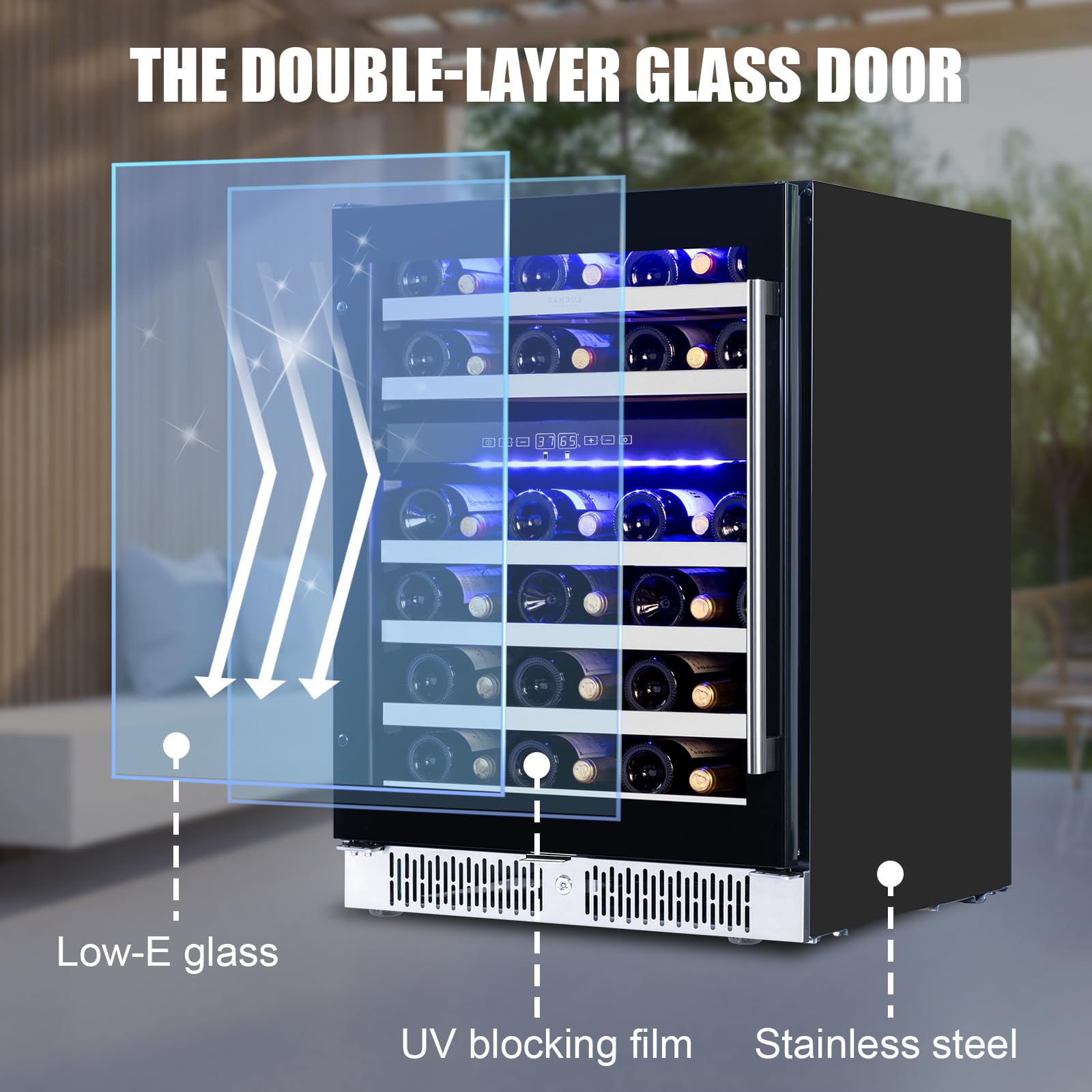 Akicon 24 Inch Wine Fridge, 46 Bottles Wine Cooler with Glass Door and Removable Shelves, 3-Color LED Light, Safety Lock, Freestanding or Built-in for Home/Bar/Office on Fridge.com