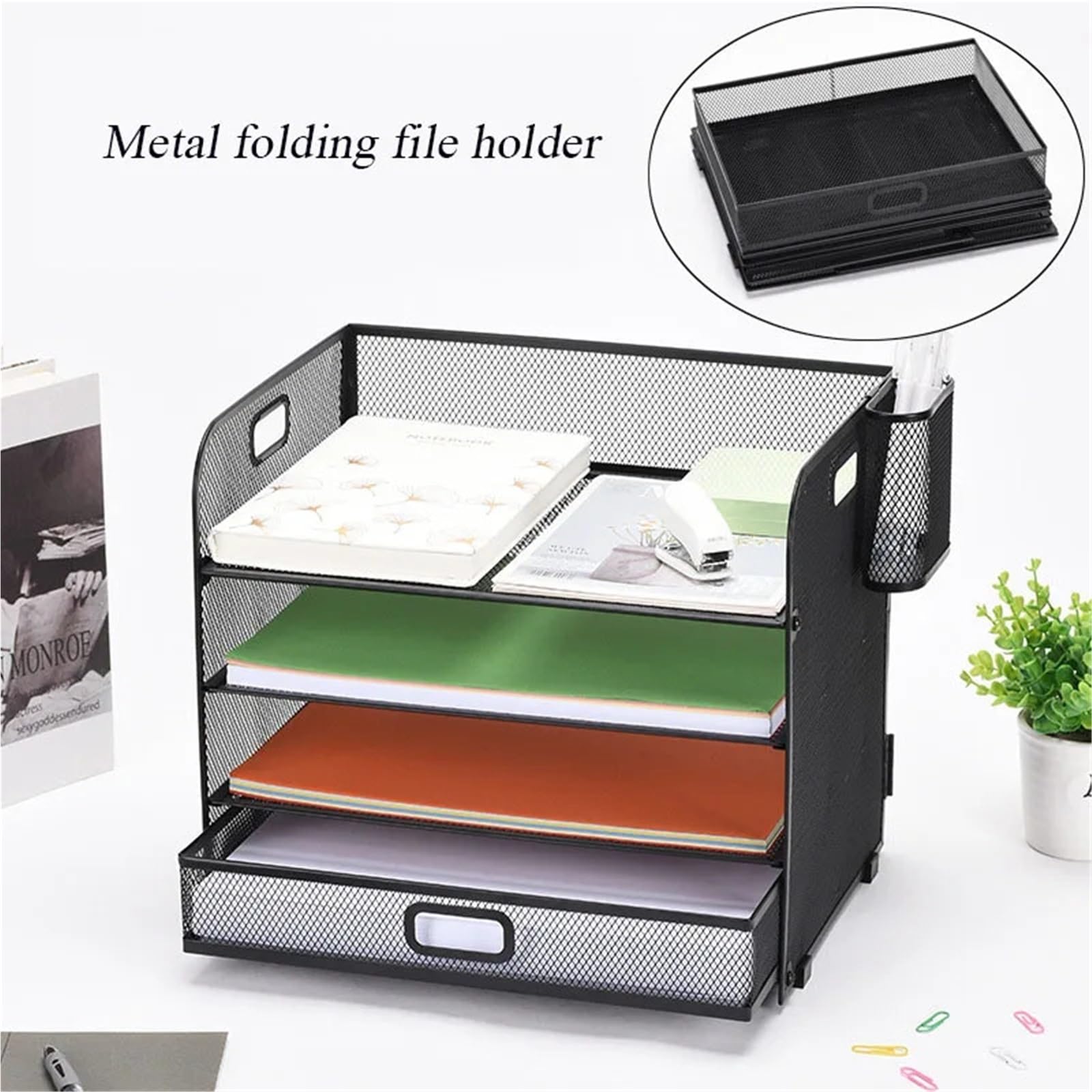 Bandeja para Cartas Estante de Archivos Cuatro Capas Metal, Bandeja Almacenamiento Datos Escritorio Oficina extraíble Multifuncional con Ventana Lateral(Style3)