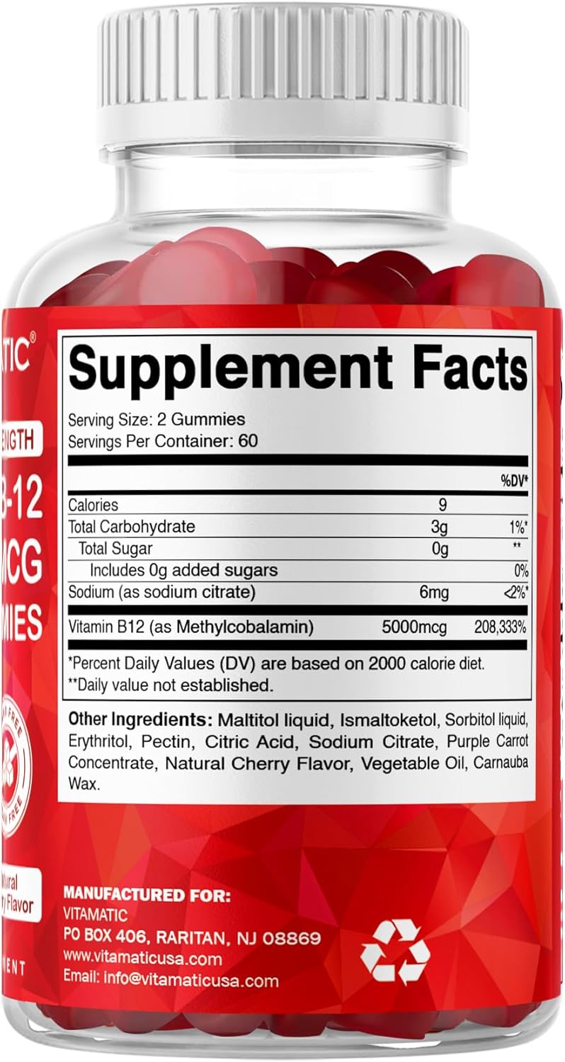 Vitamatic 2 Packs Extra Strength Vitamin B12 5000 mcg (Methyl B12) Gummies - 120 Count - Energy Metabolism Support and Nervous System Health Support, Natural Cherry Flavored