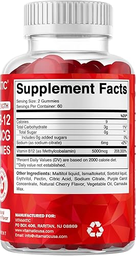 Miniatura 8 de Vitamatic Gomitas de vitamina B12 de 5000 mcg (metil B12), 120 unidades, apoyo al metabolismo energético y apoyo a la salud del sistema nervioso,