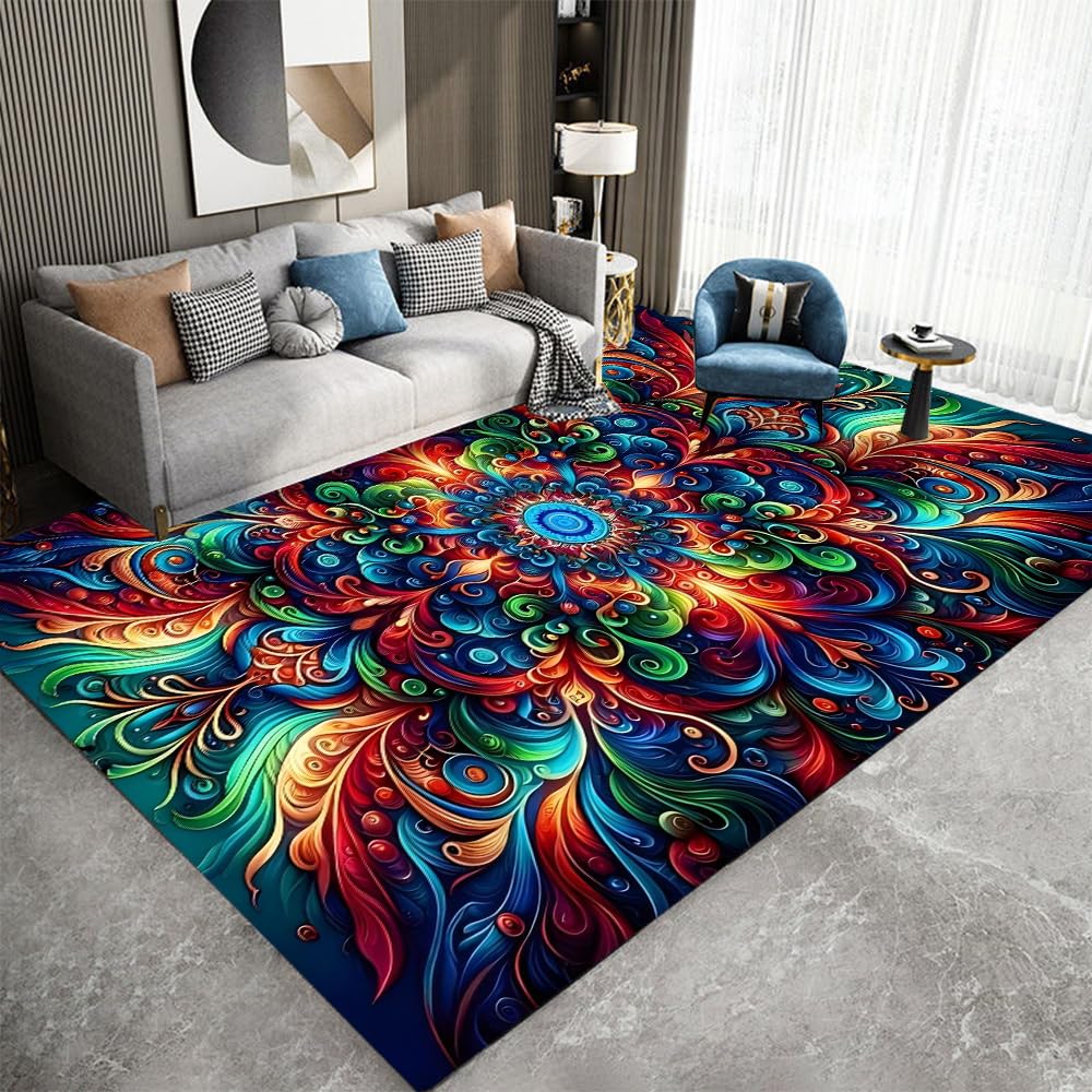 Tapis mandala abstrait antidérapant 50x70cm lavable pour salon