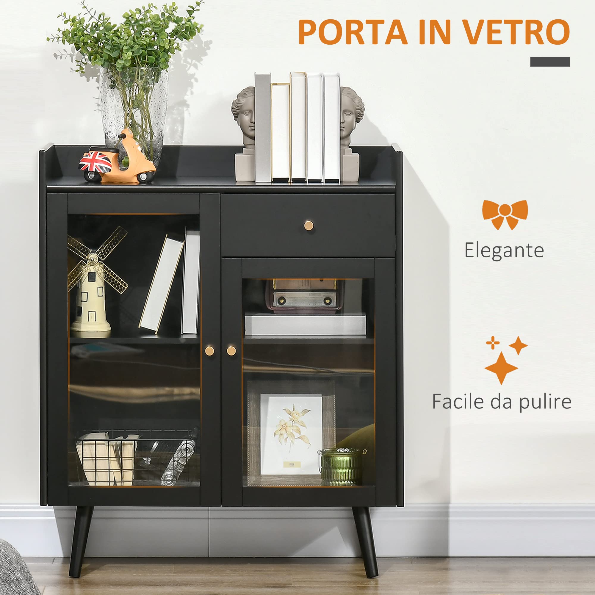 HOMCOM Armadietto Due Ante con Ripiano Regolabile, Piano d'Appoggio e Spazi Aperti in MDF e Legno, 80x40x94.3cm, Nero