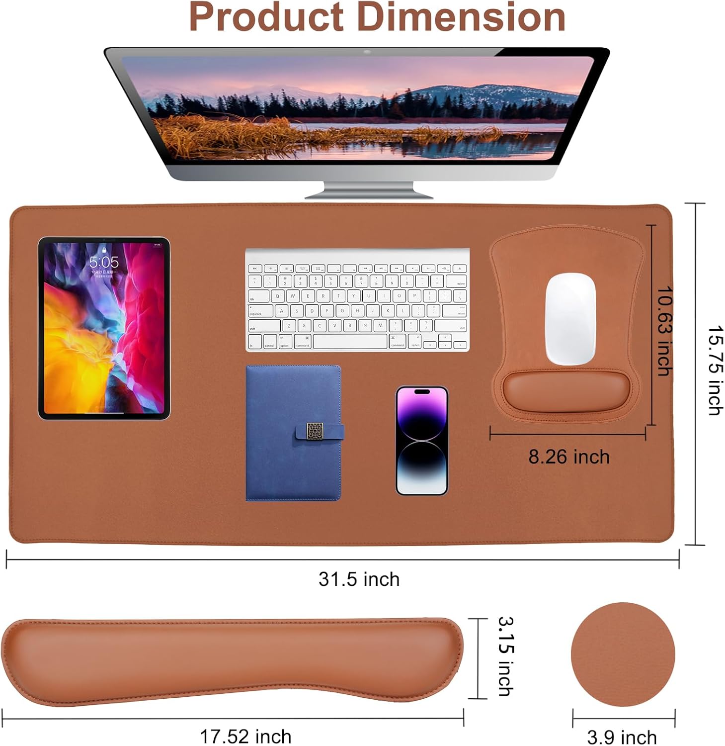 MOSISO Keyboard Mouse Pad Set, PU Leather Large Gaming Mousepad&Keyboard Wrist Rest&Mouse Wrist Rest&Coaster, Ergonomic Non-Slip Mousepad&Easy Typing Cushion with Memory Foam for Home Office, Brown