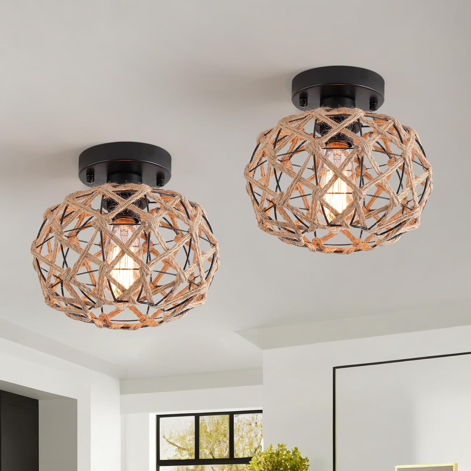 RKUCSR 2 Pack Coastal Woven Flush Mount Ceiling Light Fixture