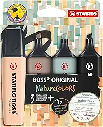 Marca Texto – STABILO BOSS ORIGINAL NatureCOLORS – Estojo com 4 unidades – Beige, Warm Grey, Earth Green, Preto