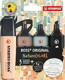 Marca Texto – STABILO BOSS ORIGINAL NatureCOLORS – Estojo com 4 unidades – Beige, Warm Grey, Earth Green, Preto