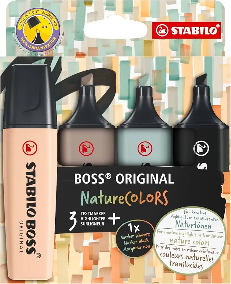 Marca Texto – STABILO BOSS ORIGINAL NatureCOLORS – Estojo com 4 unidades – Beige, Warm Grey, Earth Green, Preto