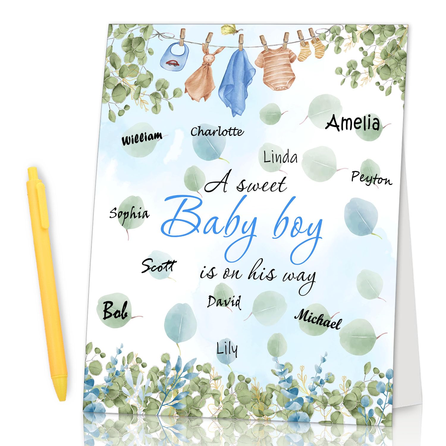 Dekoracje na baby shower, pamiątkowa księga gości, zabawne artykuły na baby shower, specjalna znacząca dekoracja kartonowa