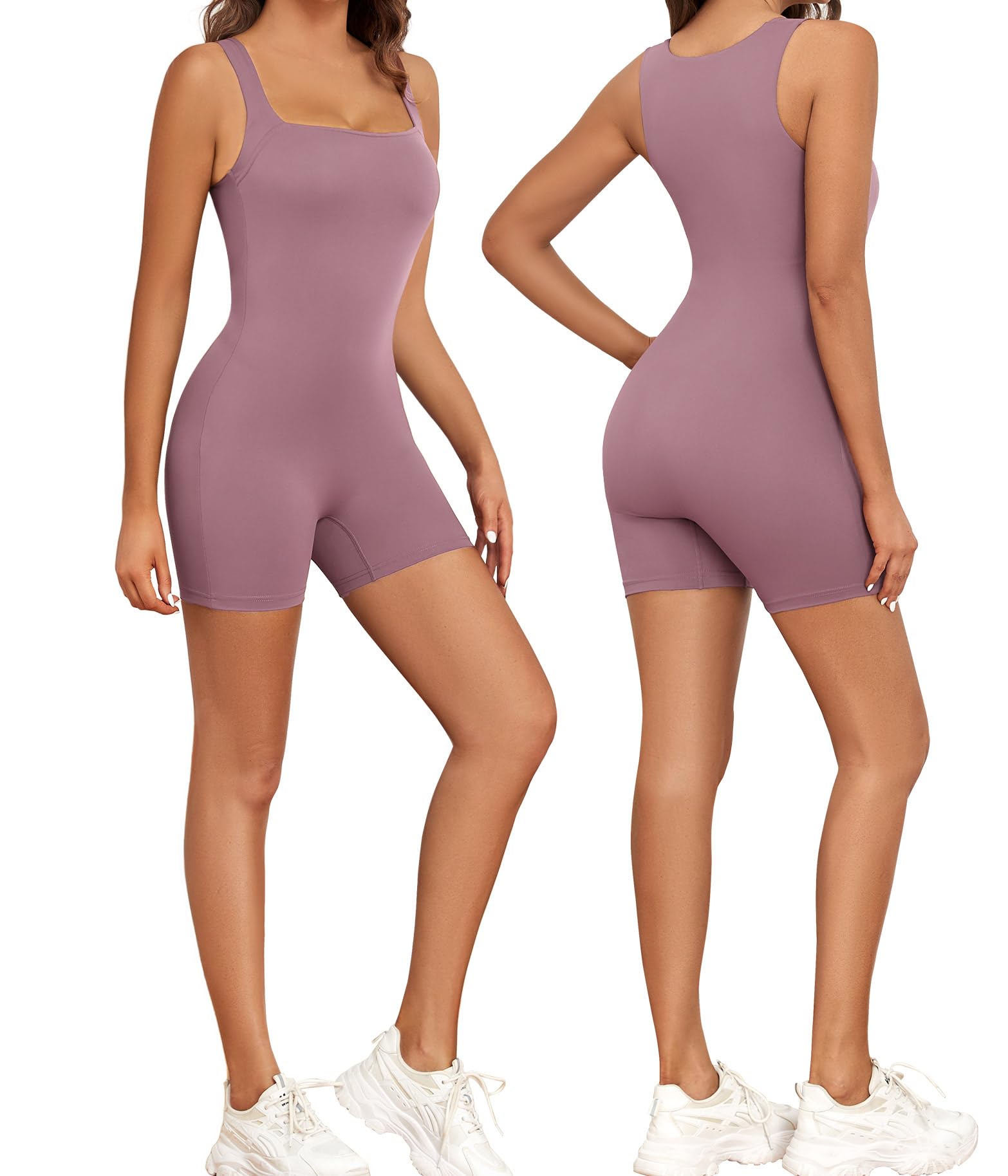 Xnova Mono Mujer Verano Corto sin Mangas Sexy Monos Deportivo sin Costuras Cuello Cuadrado Casual Elegante Una Pieza Jumpsuit Elásticos para Yoga Fitness