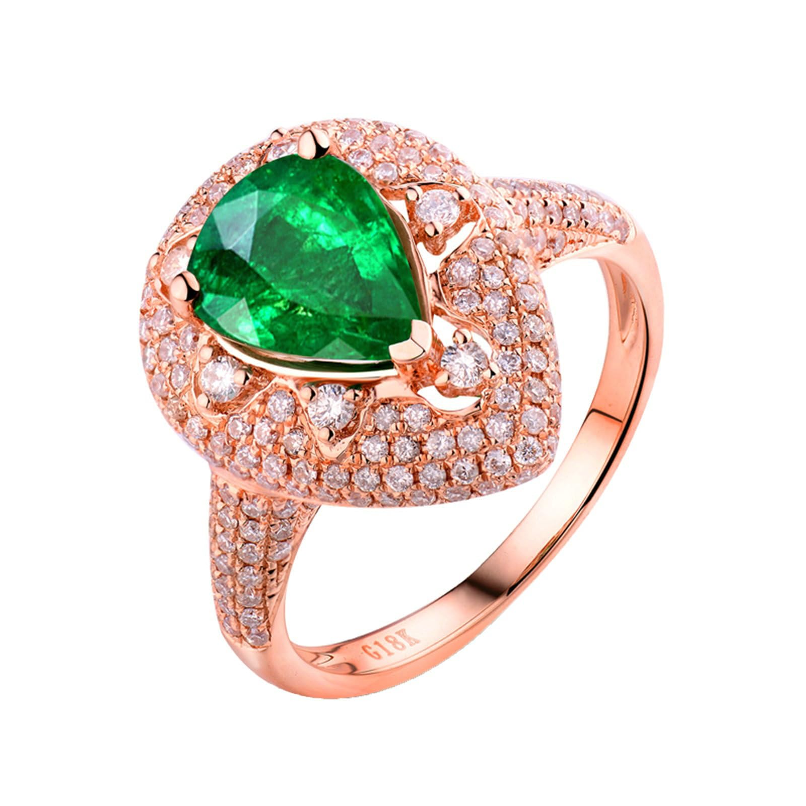 Anillos de boda de oro rosa para mujer, oro real de 18 quilates, 14 quilates, 9 quilates, talla H 1/2-V 1/2, anillos de compromiso de matrimonio con gota de agua con esmeralda de 2 quilates y