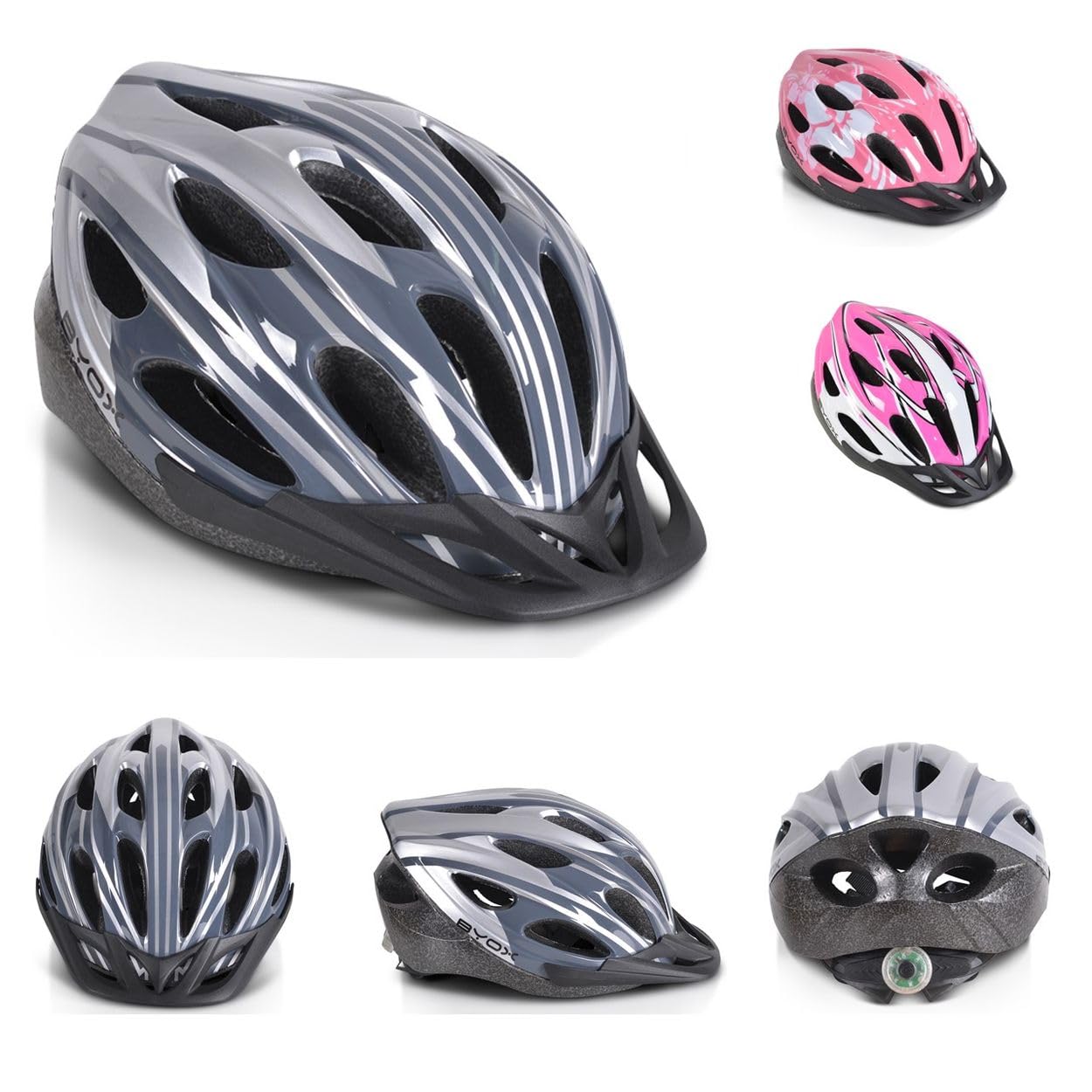 Kinder Schutzhelm Y02, 17 Löcher, Größe M, einstellbar 54-58 cm, LED-Licht grau