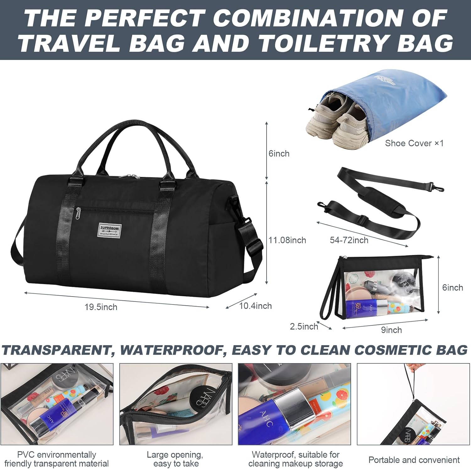 Large Travel Duffel Bag, Sports Tote Gym Yoga Airplane Carry-on With Extra Shoe and Small Clear Makeup Bag, Overnight Crossbody for Men and Women Black