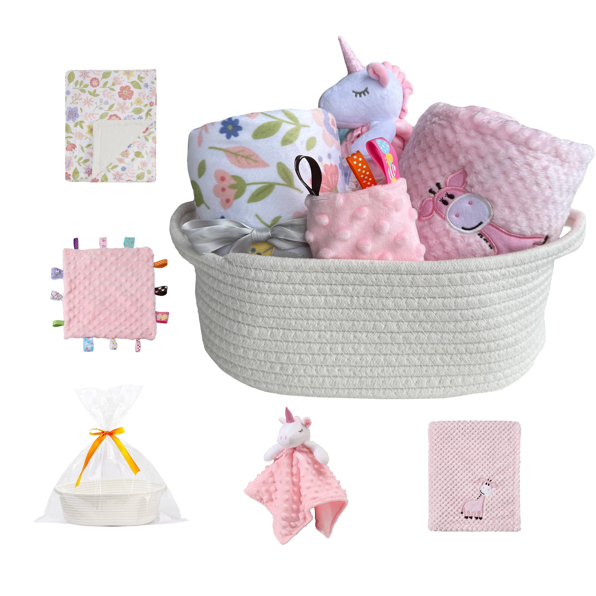 CREVENTBaby Welcome Gift Set Storage Basket with 2 Blankets+ 1 Security Blanket + 1 Taggie + 1 Gift Bag with Ribbon (Pink)OEKO-TEX STANDARD 100