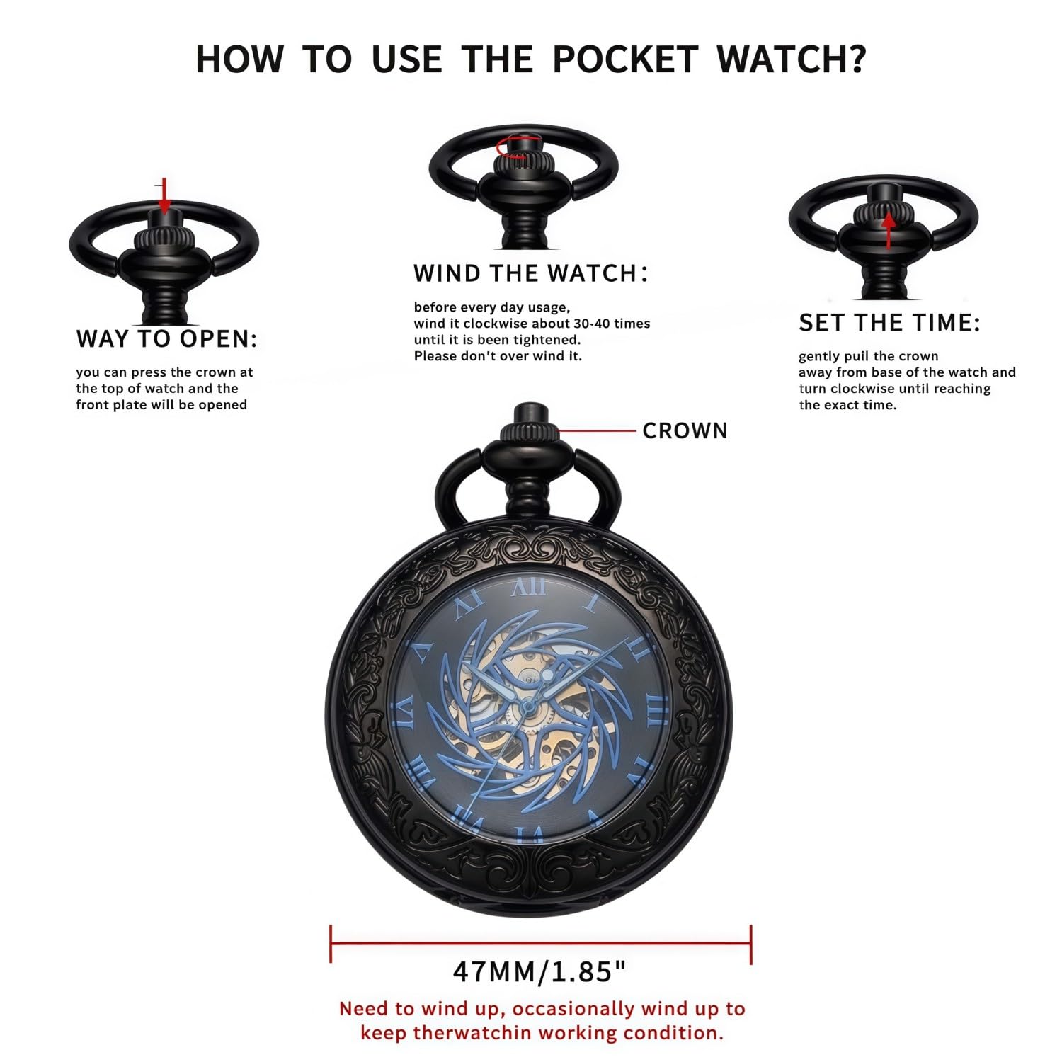 Orologio da tasca meccanico serie Sun-God-Bird, nero, per uomo e donna, lente d'ingrandimento speciale, mezza cassa incisa, numeri romani con catena
