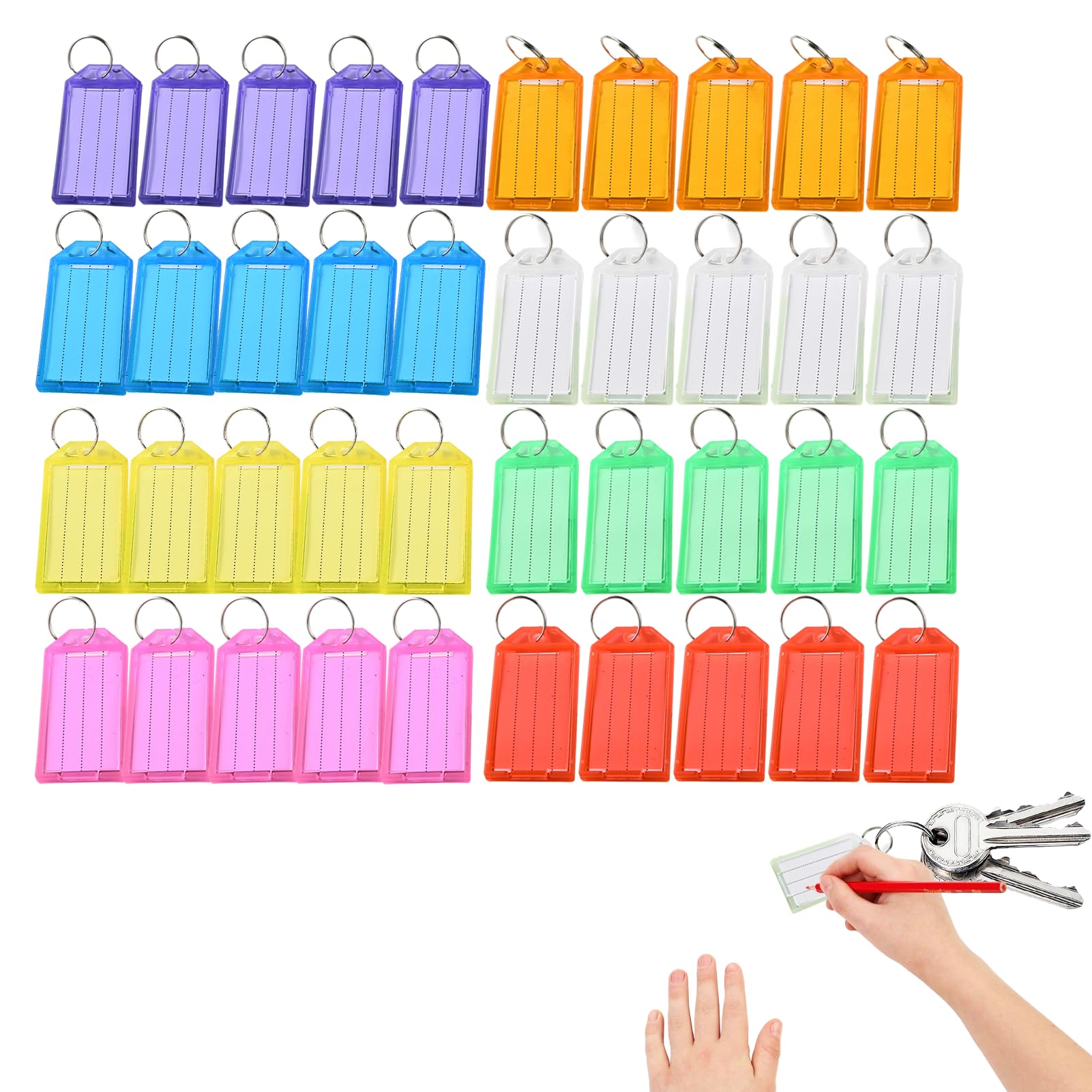 40Pcs Key Tags with Labels - 8 Colours, 5.8 x 2.8 cm Plastic Key Tags with Ruled Blank Paper Labels, Keyrings with Split Ring for Office Home and Travel Organisation.