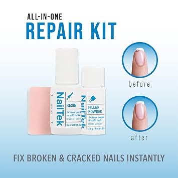 Nail Tek Nail Repair Kit for Torn, Cracked & Split Damaged Nails Strengthener with Resin, Filler Powder & Buffer, Manicure Care Set, 1 Pack