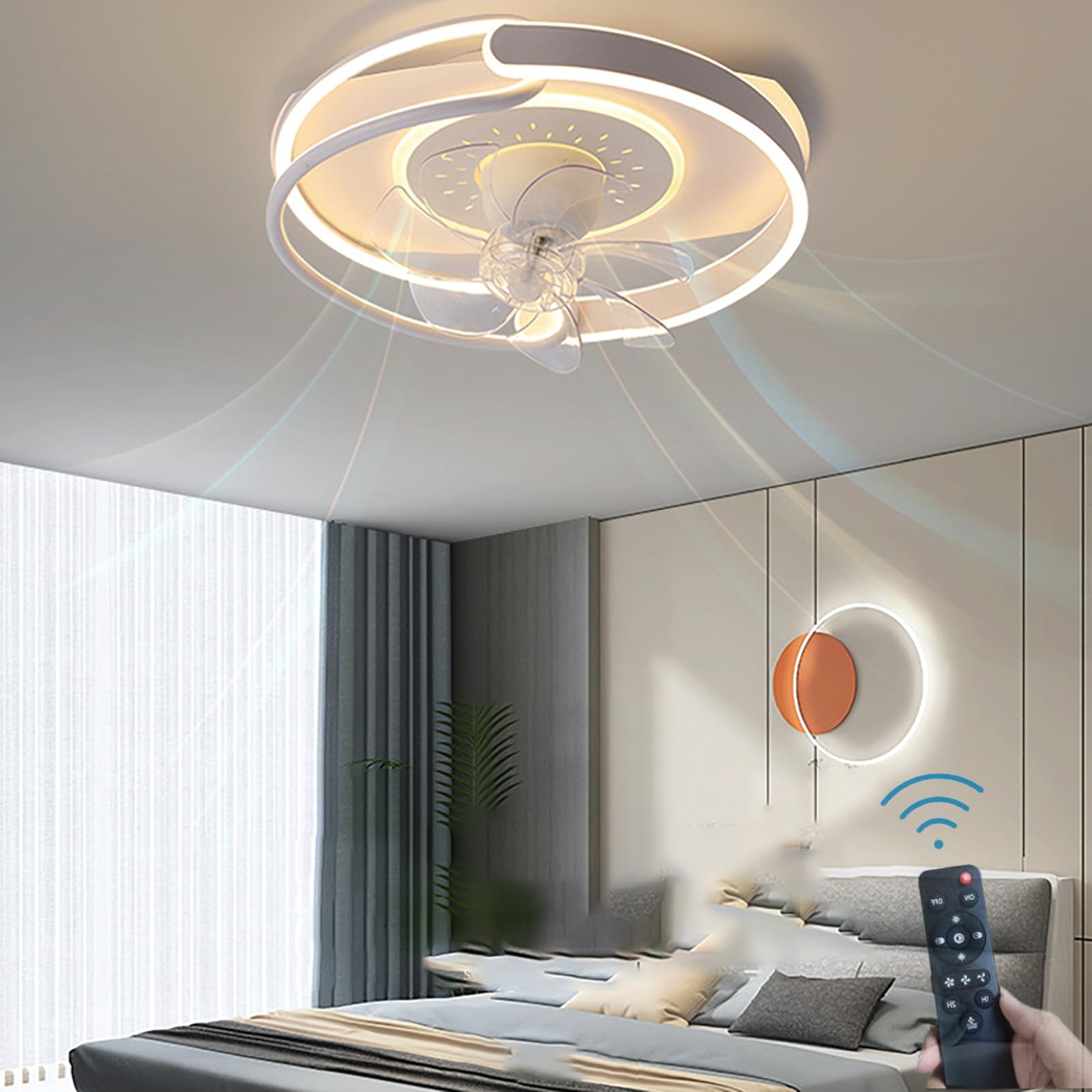 LED Dimmable Ceiling Fans with Lights with Remote Control Ceiling Light 360 Degree Oscillating Head Luxury Intelligent Silent Home Fan Ceiling Light Bedroom Dining Room Ceiling Lamp (White)