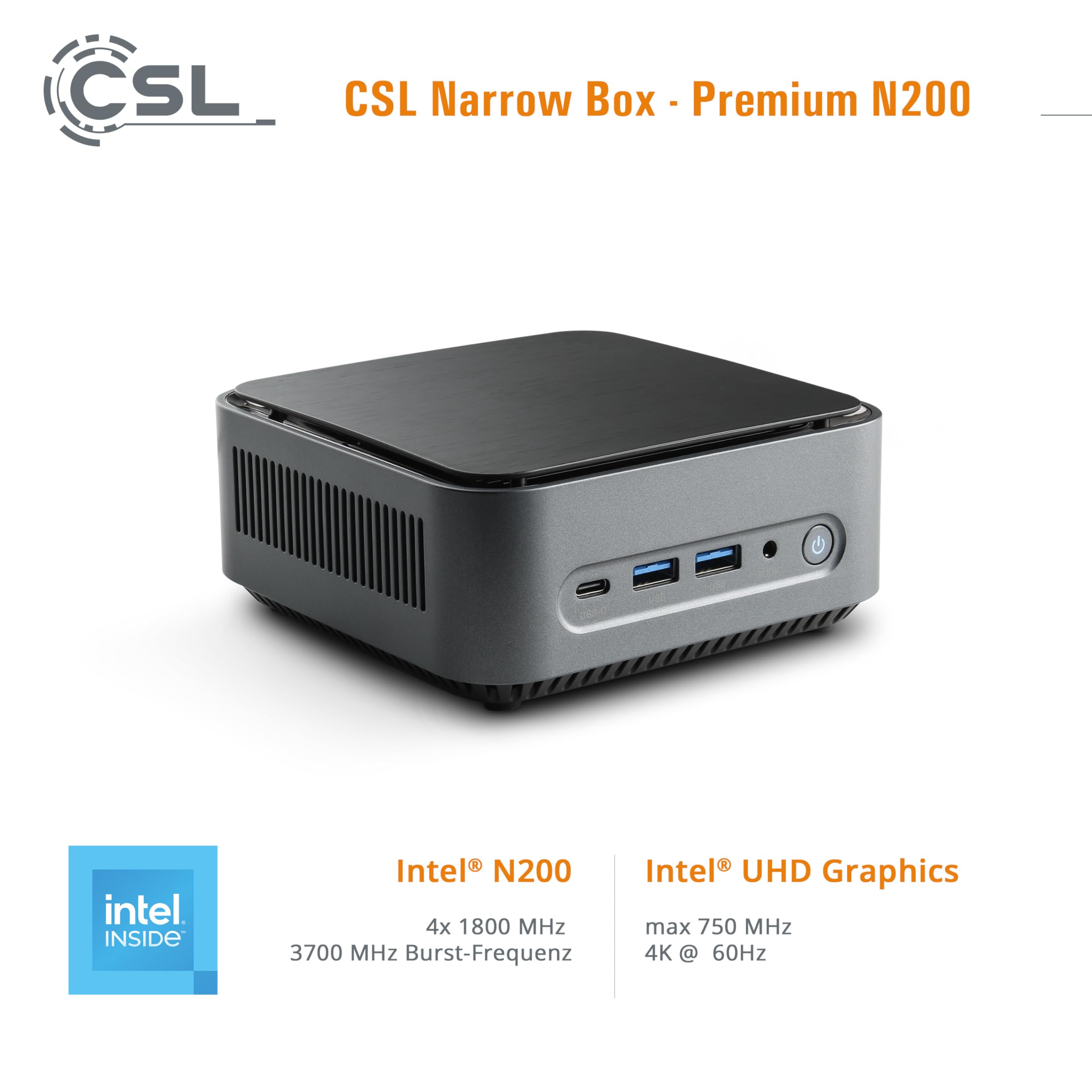 Mini PC CSL Narrow Box Premium Windows 11 Home Senza Ventola, Intel N200 4X 3700 MHz, SSD M.2 da 500 GB, 8 GB DDR4 RAM, Grafica Intel UHD, HDMI 2, USB 3.2, BT 5.2, DisplayPort, Dual WLAN