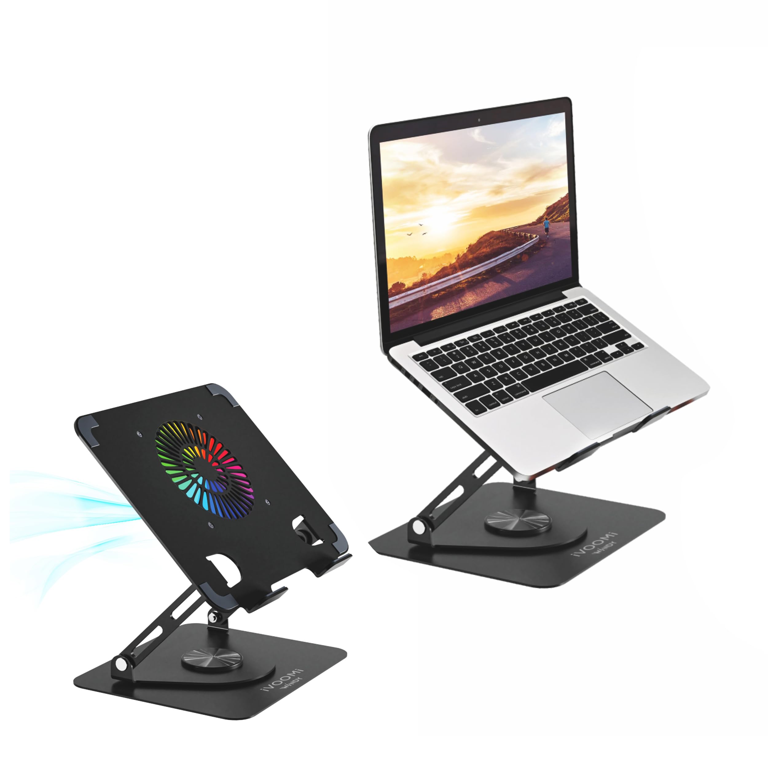ivoomi windy foldable & portable laptop riser stand with 360 degree rotation base, promote better posture, speed adjustable rgb fan, double-head usb interface, 10 to 19 inches laptop