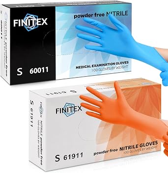 قفازات FINITEX Nitrile التي تستخدم لمرة واحدة - أزرق، 3.5 مل، 200 قطعة S وبرتقالي، 3.5 مل، 100 قطعة S