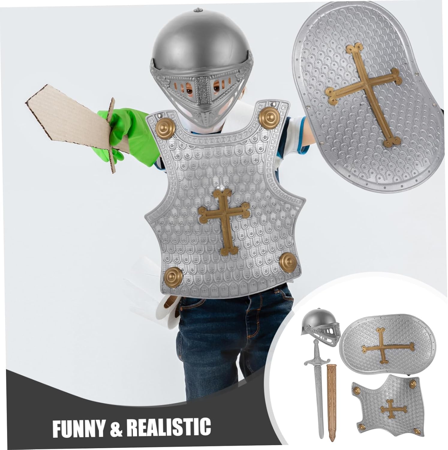 FRCOLOR Retro Armor Set Kids Knight Costume with Toy Shield Helmet and Sword for Medieval Role Play and Family Fun
