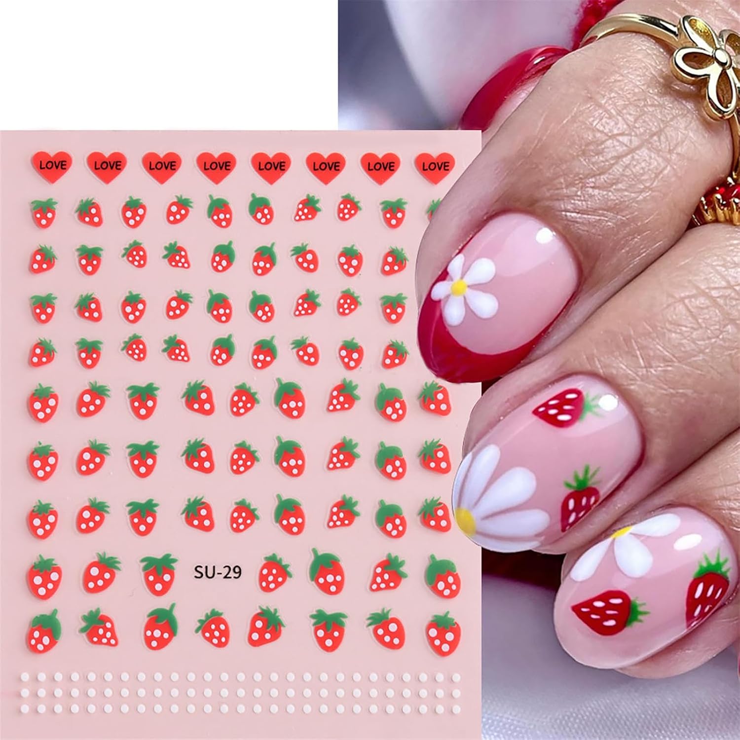 5 Sheets Strawberry Nail Art Stickers Summer Fruit Strawberry Nail Decals Self Adhesive Red Heart Nails Transfer Sticker for Women Girls DIY Nail Salons (Strawberry)