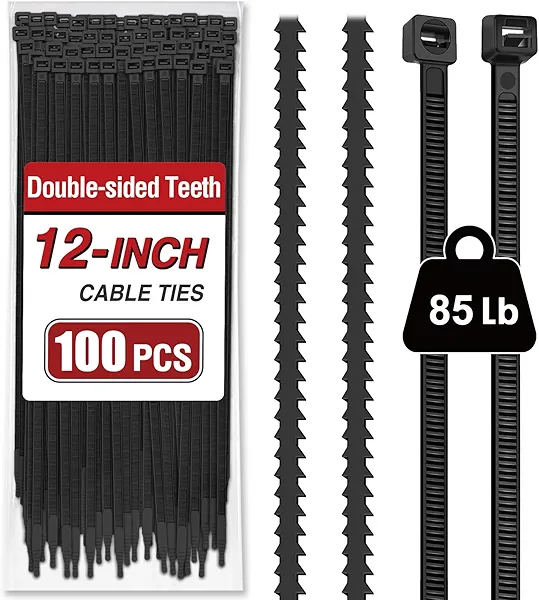 Zip Ties 12 inch (100 Pack), Double-sided Toothed, 85 lb, Delivering 1.7X Tensile Strength in the Same Specs, Black Cable Ties, Heavy Duty Wire Ties, Glufirm