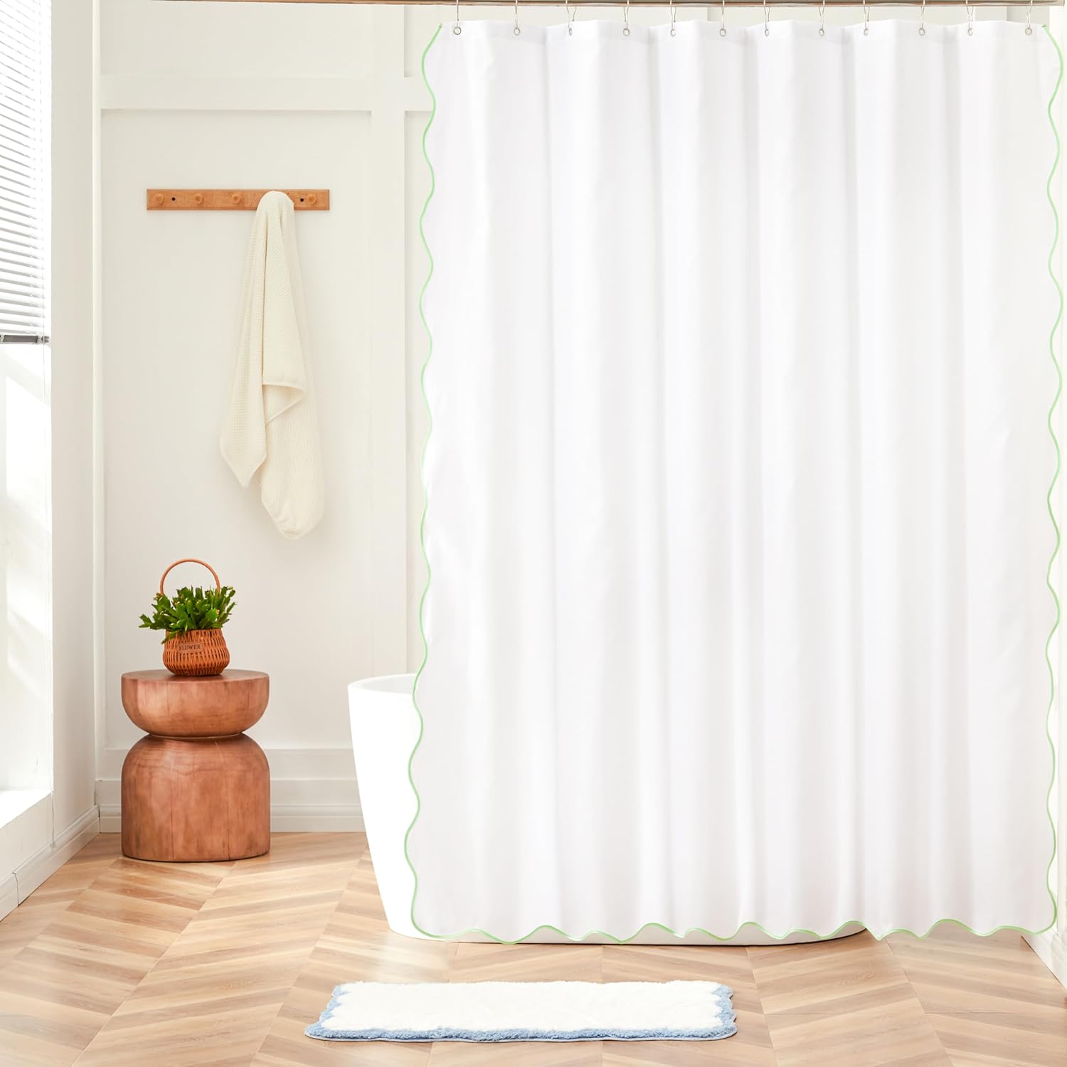 Ohocut White Shower Curtain with Green Scalloped Edge, Cute