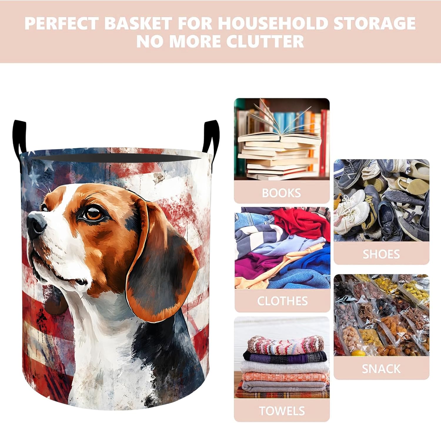 Patriotic Beagle Dog Laundry Basket Hamper 19.7"x15.8", Organizer Bins Gifts for Kids Boys Girls, American Flag Beagle Foldable Waterproof Oxford Clothes Storage Bucket for Bedroom Bathroom Decor