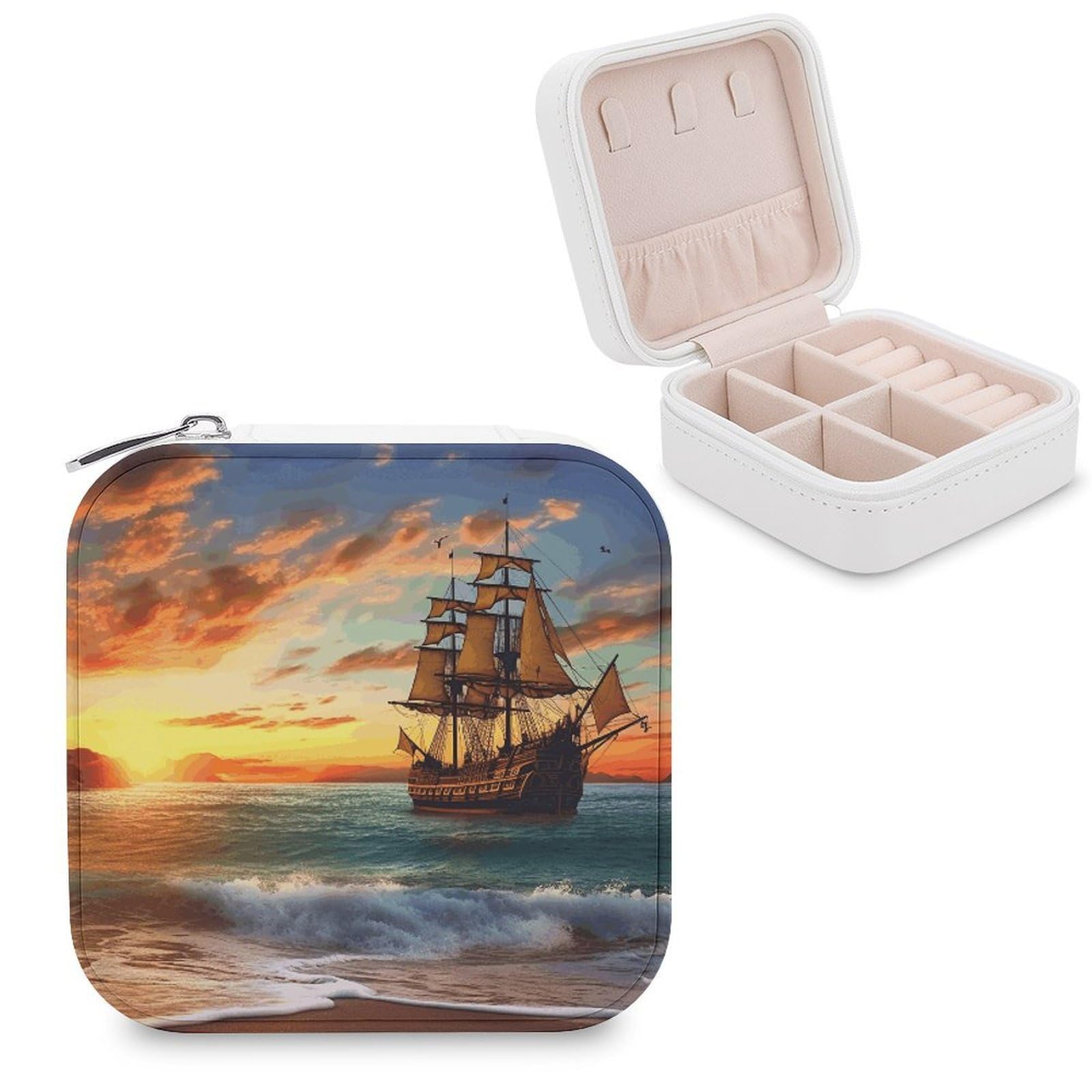 VstaDank Pirate Ship in The Sunset Jewelry Box Exquisite Leather Jewelry Organizer Portable Trinket Organizer Fashion Travel Jewelry Case for Rings Earrings Necklaces Unique Gifts for Women
