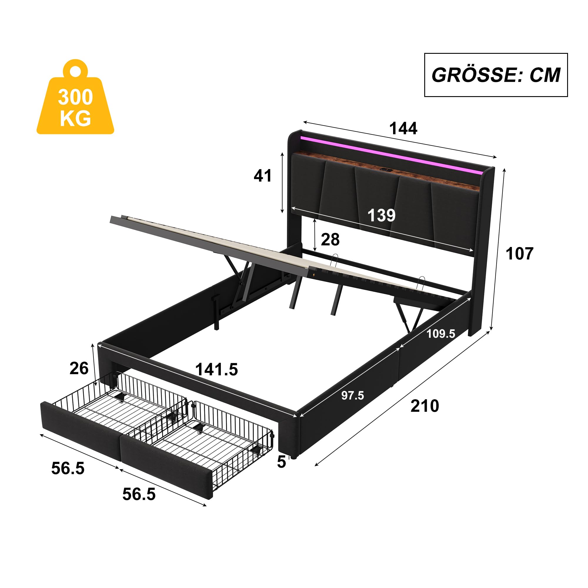 Łóżko do przechowywania 140 x 200 cm, hydrauliczne, tapicerowane łóżko z przyłączem USB i oświetleniem LED, z dwiema szufladami, z miejscem do przechowywania przy zagłówku, ciemnoszare, lniane