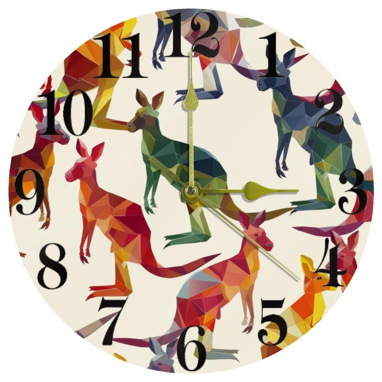 Horloge murale ronde silencieuse kangourou géométrique à quartz pour maison et bureau