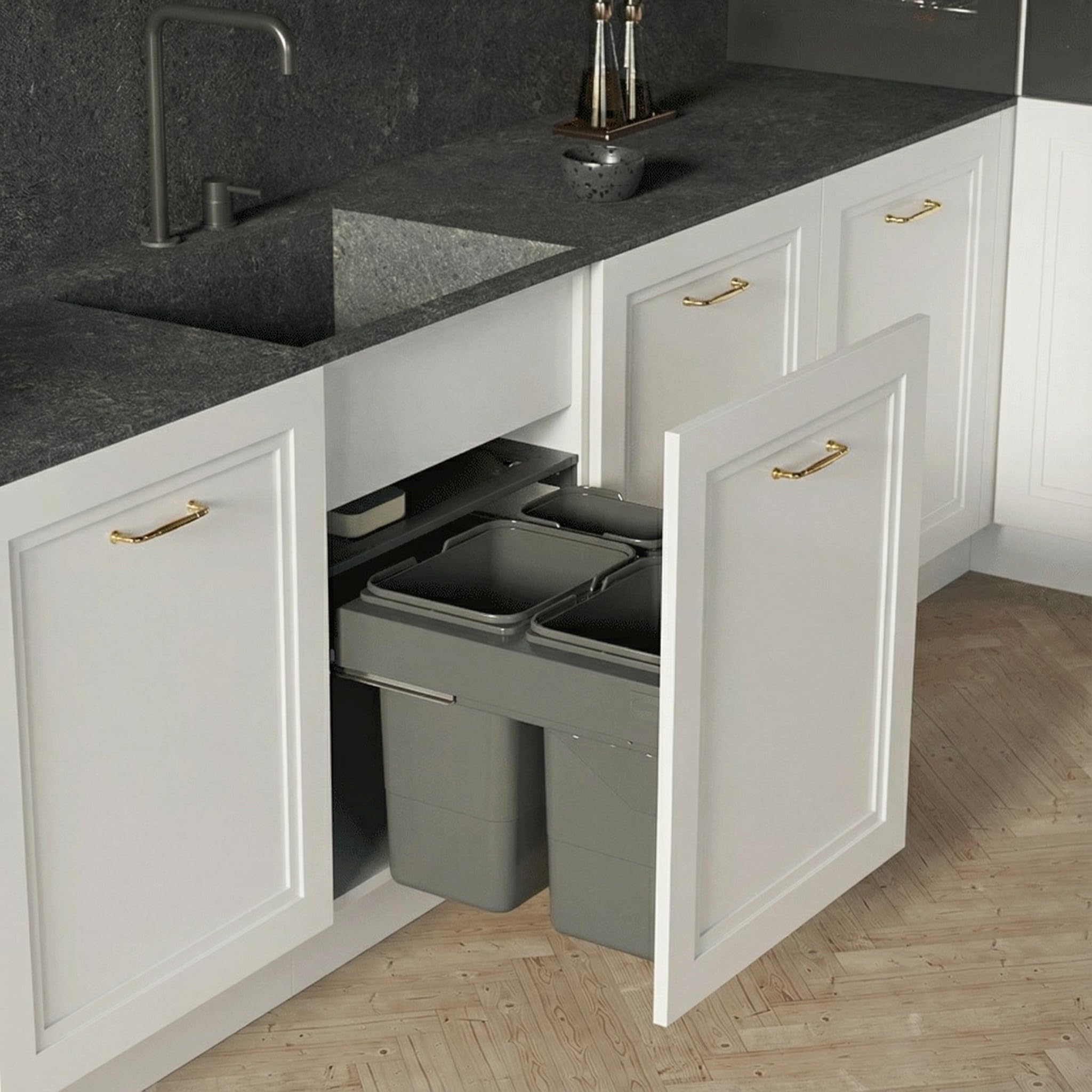 Cubo de Basura Extraíble para Armario de 60 cm SEGREGO 56,4 x 48 x 32 cm (2x 15L + 2x 7L) Sistema de Reciclaje de 4 Cubos con Tapa y Cierre Suave (Soft-Close) Grafito