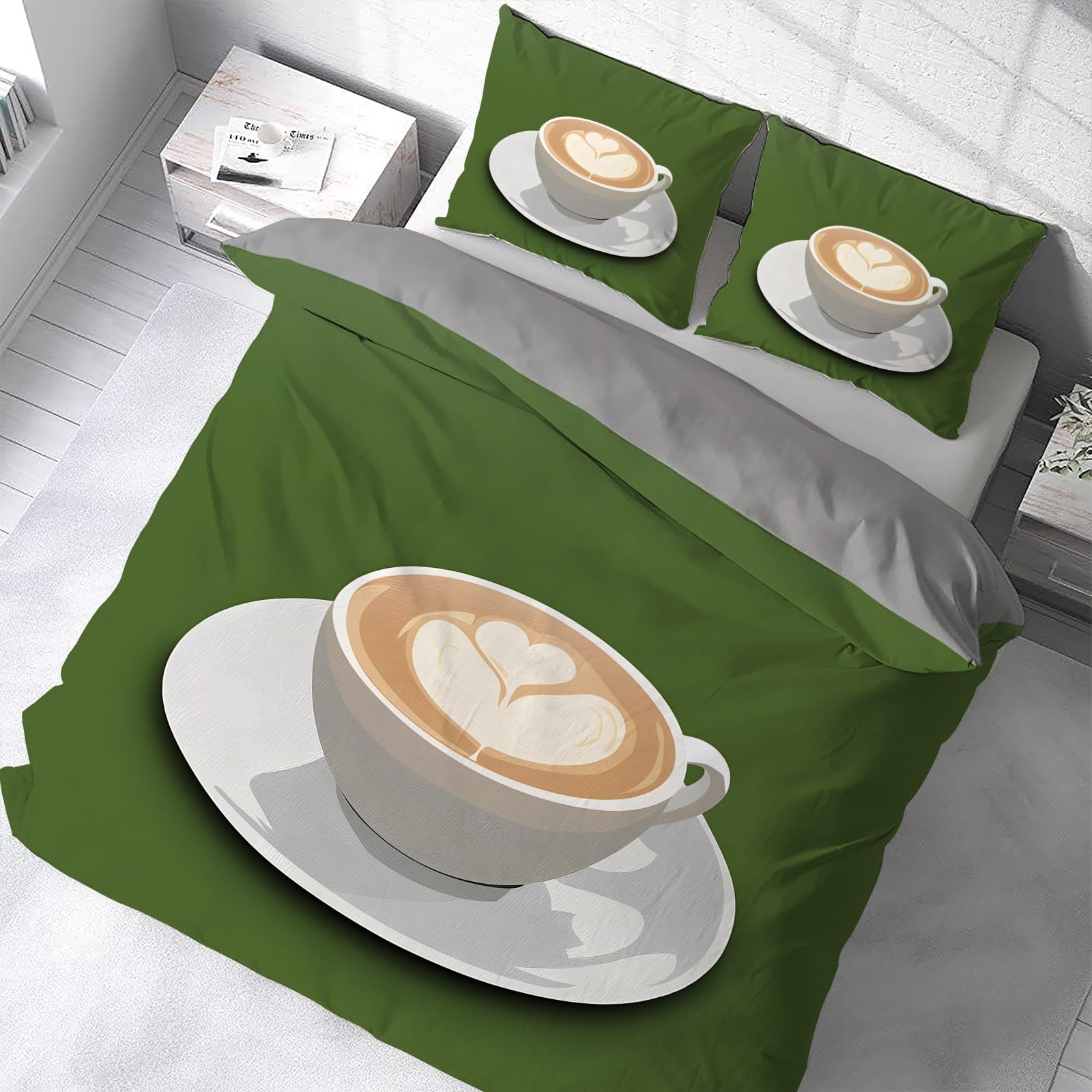 Filiżanka do kawy Super King Zestawy poszewek na kołdrę, w kształcie serca latte art dwustronny zestaw pościeli, 2 poszewki na poduszki 50 x 75 cm z zapięciem na zamek błyskawiczny