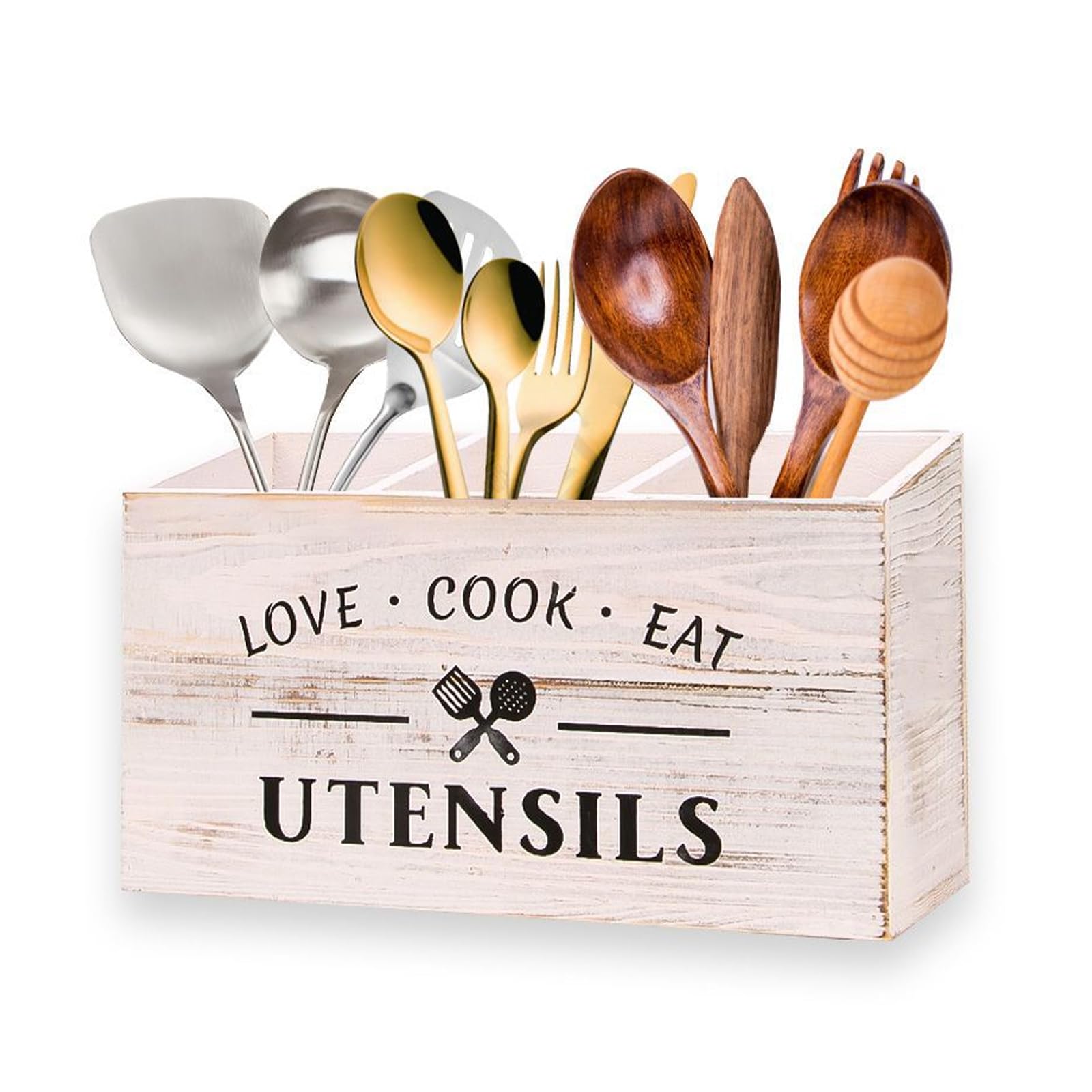 Shurhome Spacious 4 Compartment Wooden Kitchen Organizers for Storing Spoons Forks and Napkins Rustics Wooden Utensils Holder with Compartments