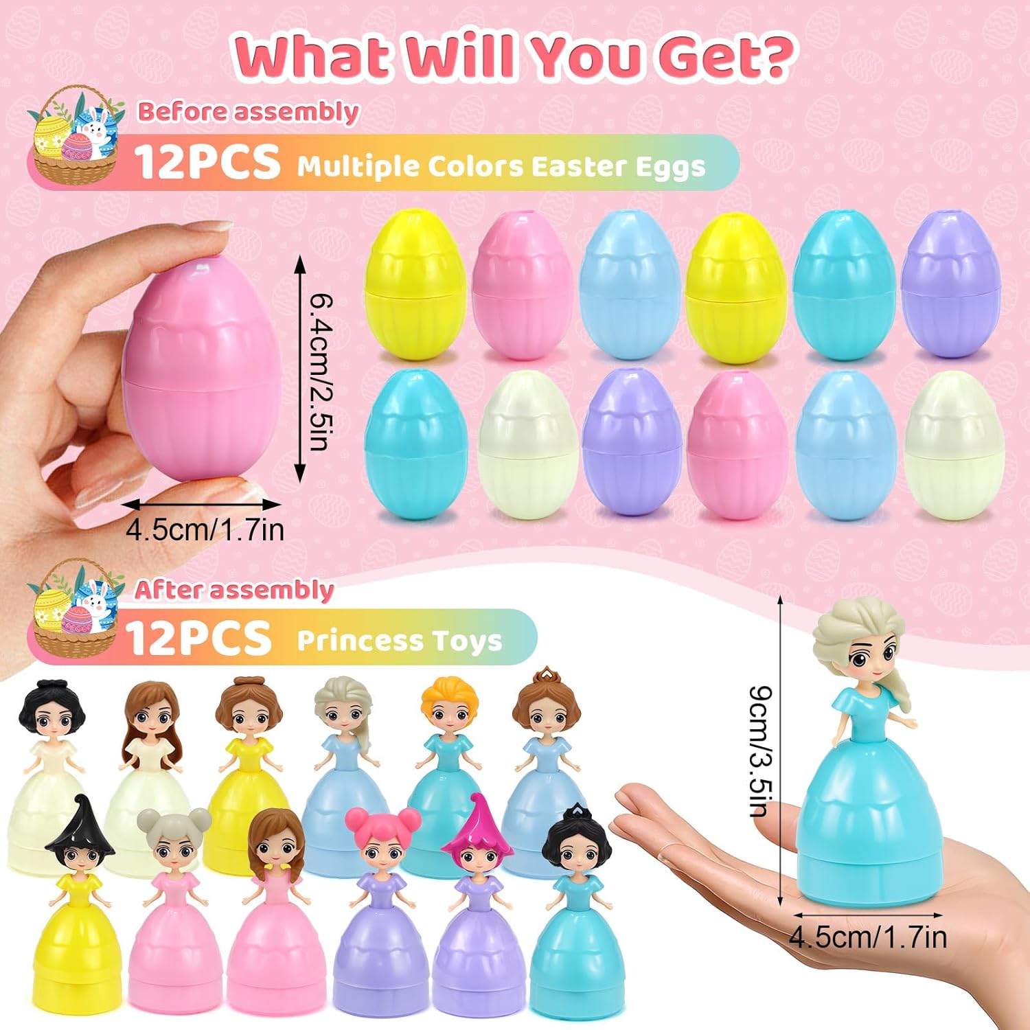 iMiibel 12 Pack Prefilled Easter Eggs with Princess Eggs Filled for Egg Hunt Easter Party Favors for Kids Boys Girls Easter Basket Stuffers Party Favors Easter Egg Hunt