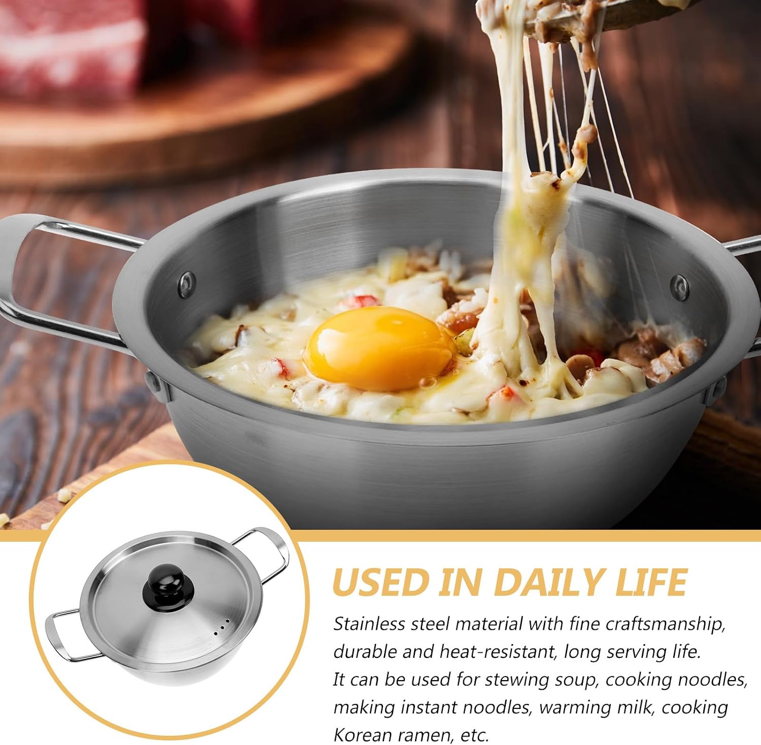 Korean Ramen Pot with Lid 16Cm Stainless Steel Double Ear Stock Pot Non-Stick Cookware for Household Instant Noodles and Seafood Cooking Compatible with Induction and Open Flame