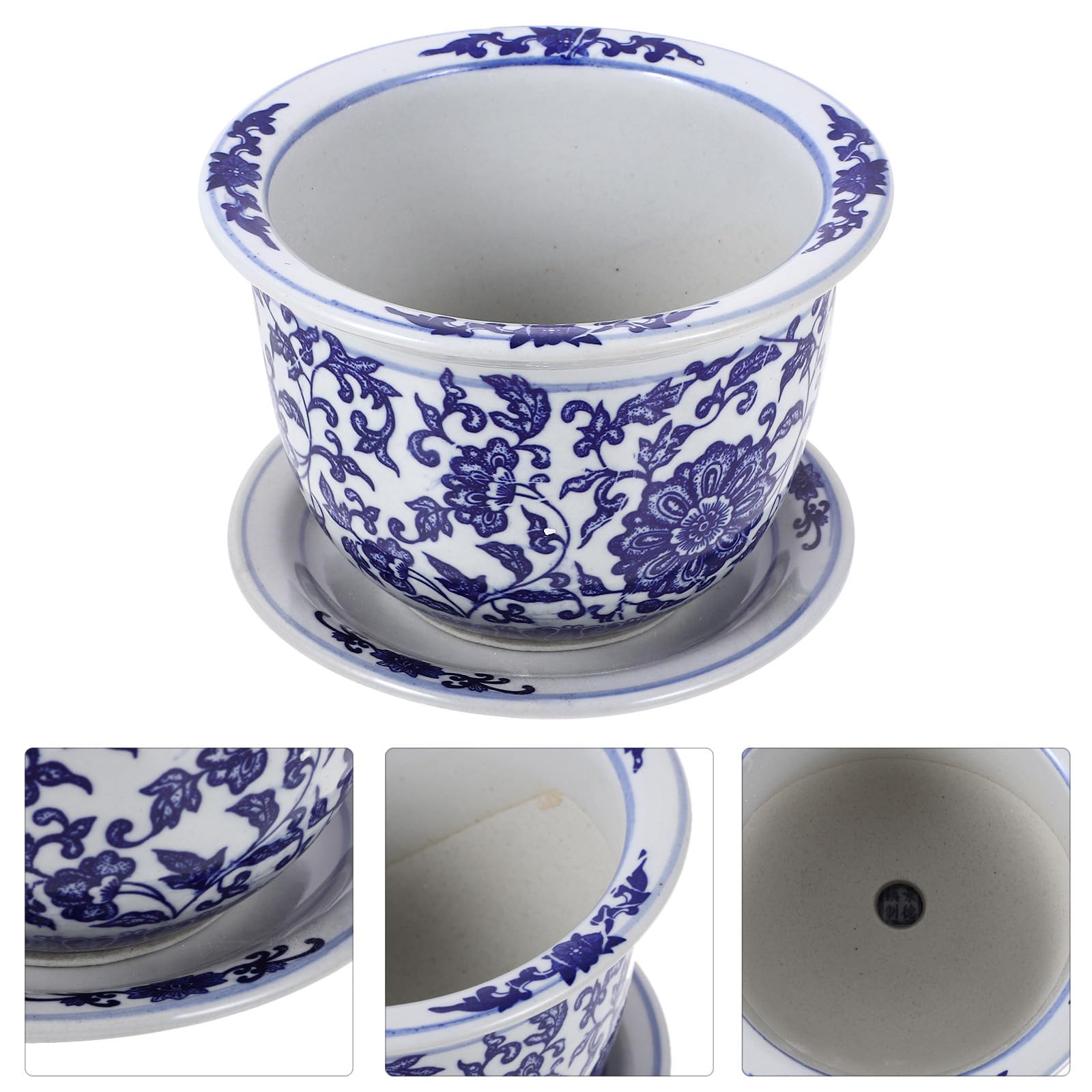 Set 1 Vaso in Ceramica con Motivo Blu Classico, con Vassoio Incluso, Vaso Decorativo per Bonsai e Piante Grasse da Interno da Esterno