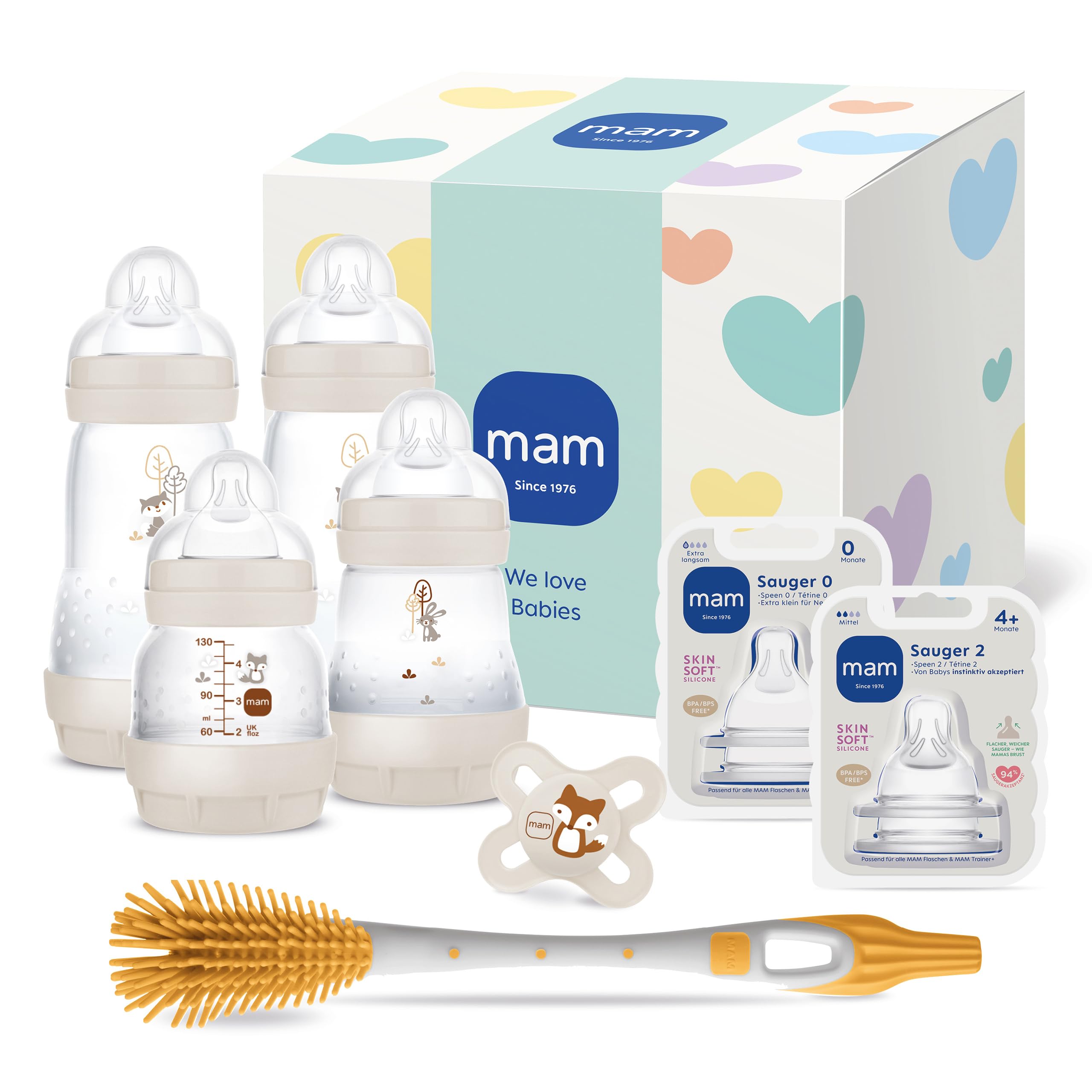 MAM Easy Start Anti-Colic Neugeborenen-Set | 0+ | Babyflaschen-Set | 94% Akzeptanz | 96% Hebammen-Empfehlung | 80% weniger Koliken | 4 Trinkflaschen, 1 Schnuller, 2 Sauger & 1 Soft Brush | beige