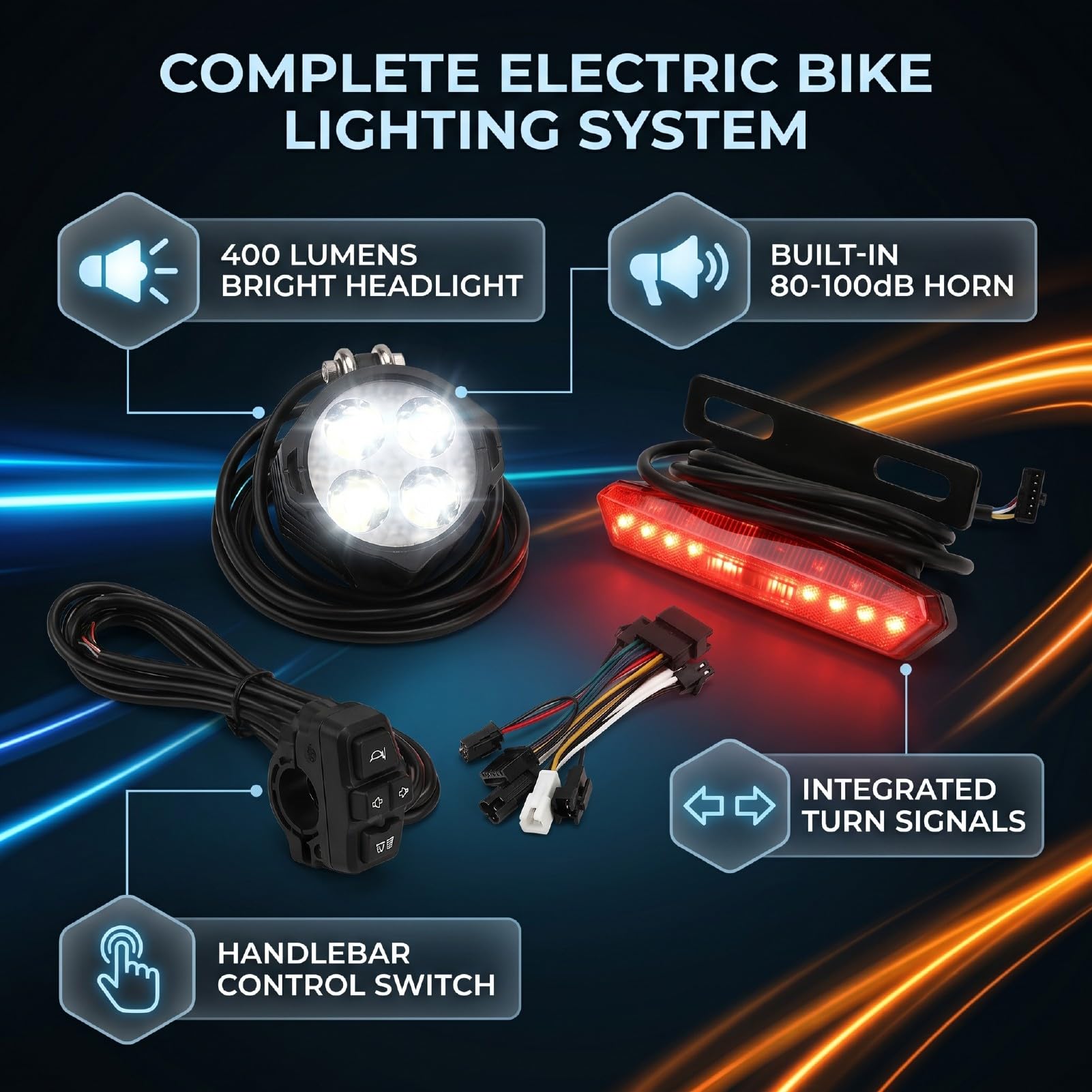 Cryfokt Juego de Luces para Bicicleta para Conducción Nocturna, Luz Trasera LED con Interruptor de Control del Manillar, 4 Potentes Bombillas LED, Juego de Luces para Bicicleta Eléctrica