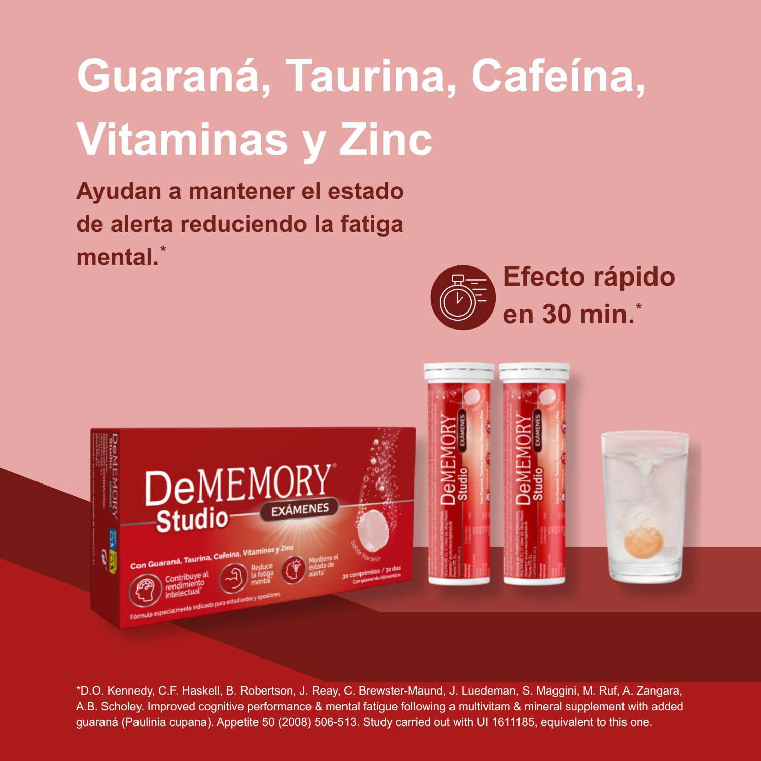 DeMemory Studio Exámenes 30 Comprimidos Efervescentes – Pack de 2 Unidades - Energía, Concentración y Agilidad Mental- con Guaraná, Cafeína, Taurina, Vitaminas y Zinc