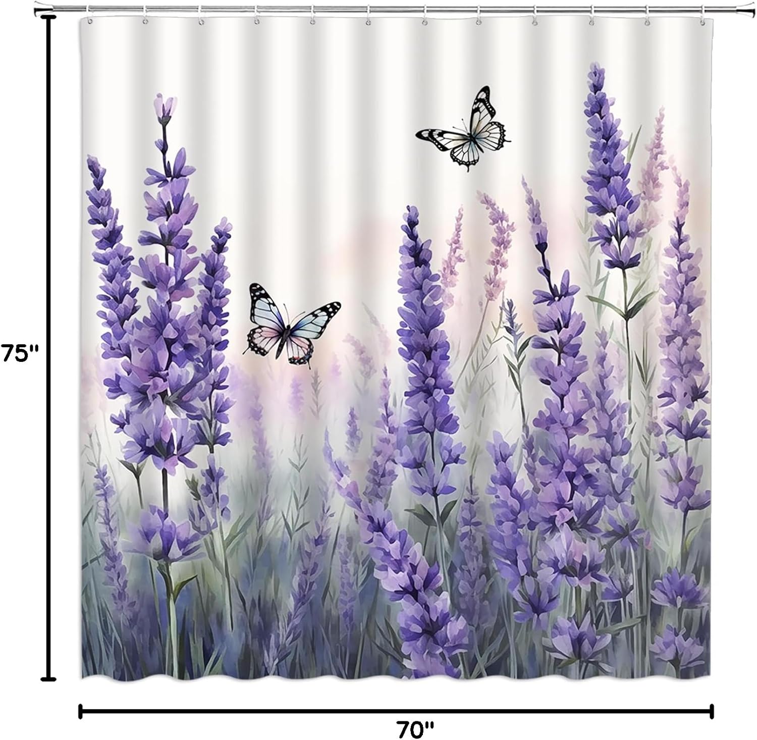 Purple Floral Butterfly Shower Curtain Lavender Spring Wisteria Blossom Flower Nature Violet Watercolor Extra Long Bathroom Decor Curtain with Hooks,70W x75 H