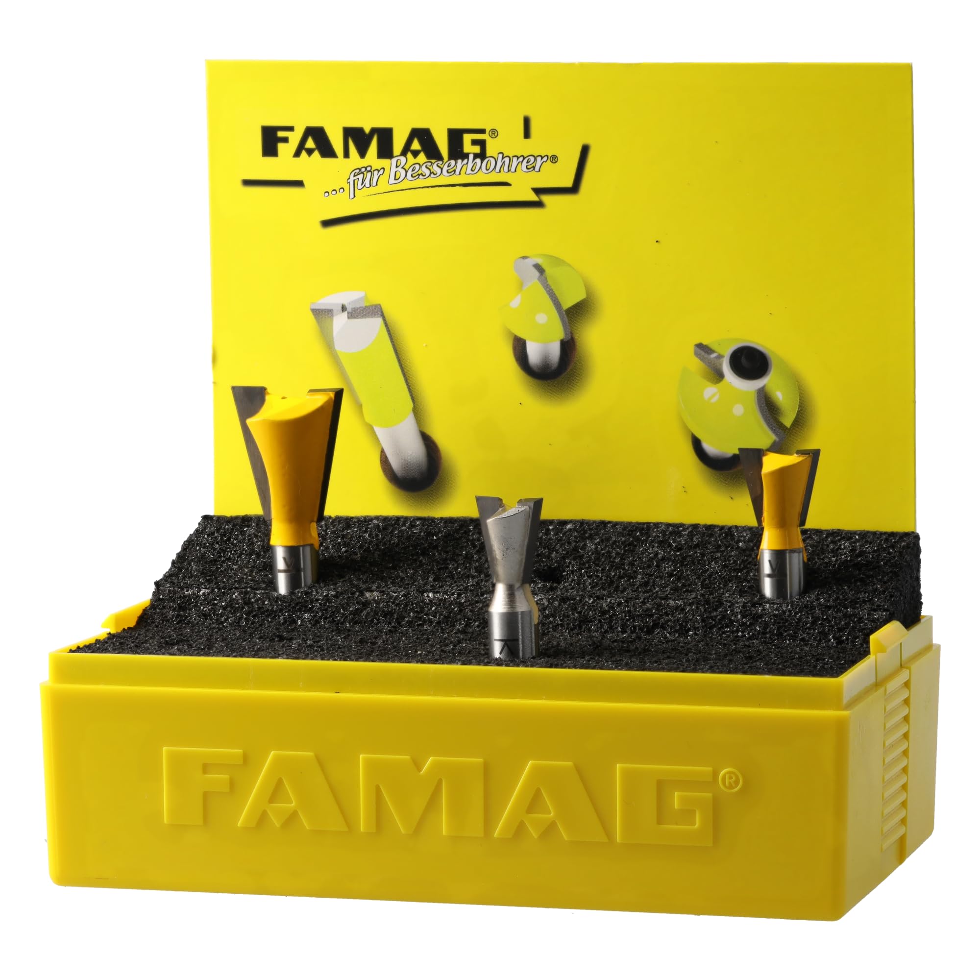 FAMAG Set di frese per denti | 3 pezzi: 12,7 x 12,7 mm, 14,3 x 12,7 mm e 22 x 22 mm, per scanalature di collegamento e scanalature, 2 tagli HM con angolo di 14° | scatola di plastica | 3104.903