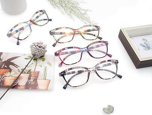 Miniatura 6 de HEEYYOK Gafas de lectura para mujer, paquete de 4 lectores coloridos 5.0, hermoso patrón de ojos de gato para lectura, ligeros, flexibles con