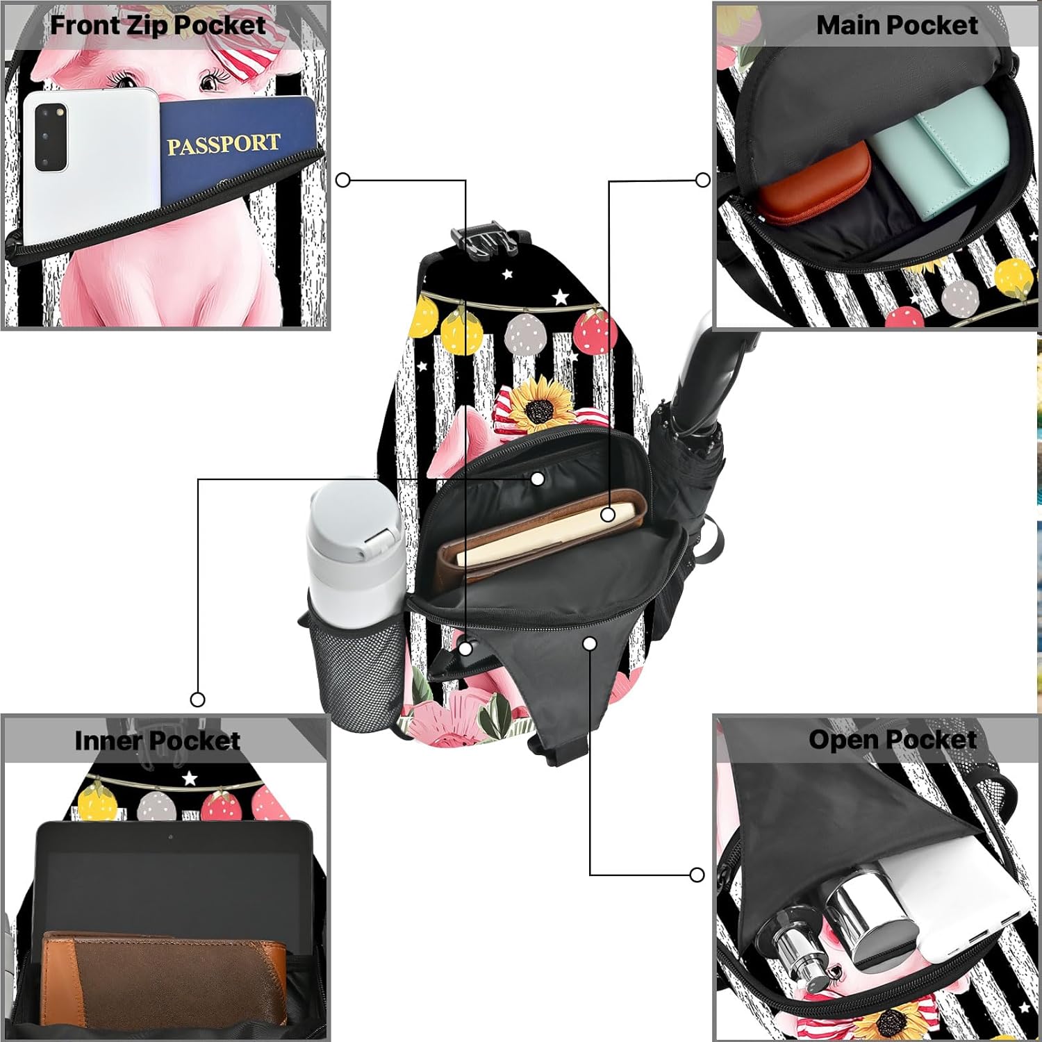 FyLybois Pig Sling Bag for Women Crossbody Backpack Lightweight Chest Daypack Fashion Shoulder Bags for Travel Hiking Biking - Image 6