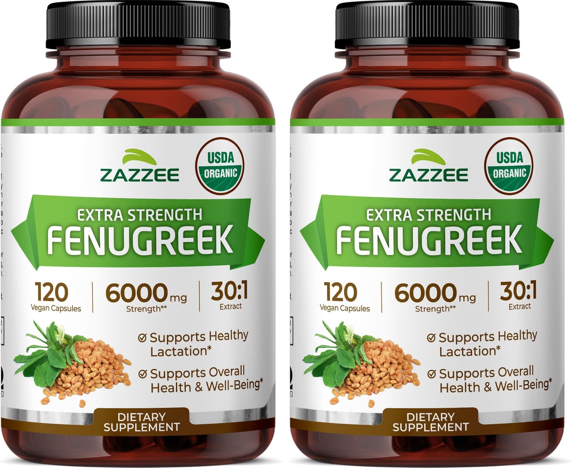 Zazzee USDA Organic Fenugreek 30:1 Extract, 6000 mg Strength, 120 Vegan Capsules, 4 Month Supply, Standardized and Concentrated 30X Extract, 100% Vegetarian, All-Natural and Non-GMO (Pack of 2)